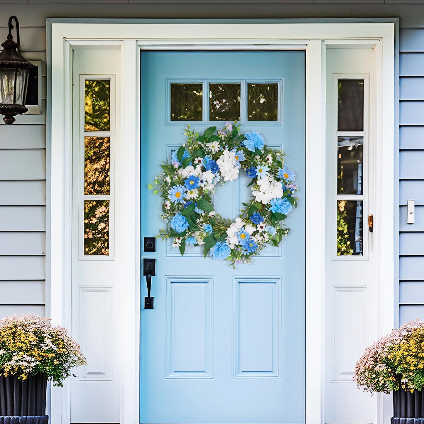 GENMOUS 24 Inch Summer Spring Blue Daisy Wreath for Front Door, Rustic and Farmhouse Flower Wreath with Myosotis sylvatica, Indoor&Outdoor Wedding Wall Home Decor