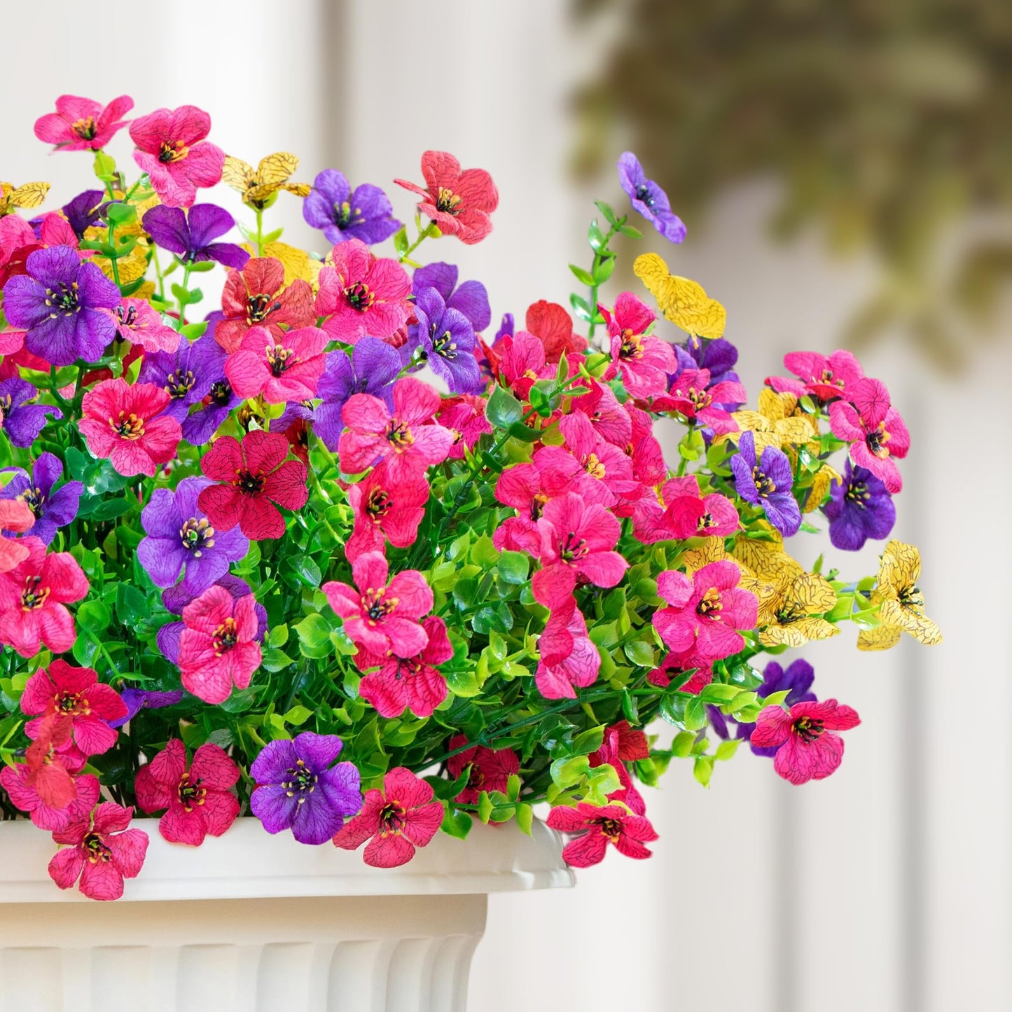 16 Bundles Artificial Fake Flowers Plants for Outdoors Spring Summer Decor,Faux Flowers Plant Silk Daisy UV Resistant for Outside Planters Front Porch Patio Yard Garden Home(Red,Purple,Yellow,Fuchsia)