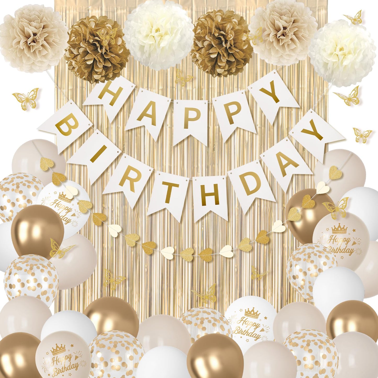 White and Gold Birthday Decorations for Women Girls, Gold White Sand Confetti Metallic Printed Balloon Butterfly Sticker Fringe Curtain Happy Birthday Banner Heart Garland Paper Pompom Party Supplies