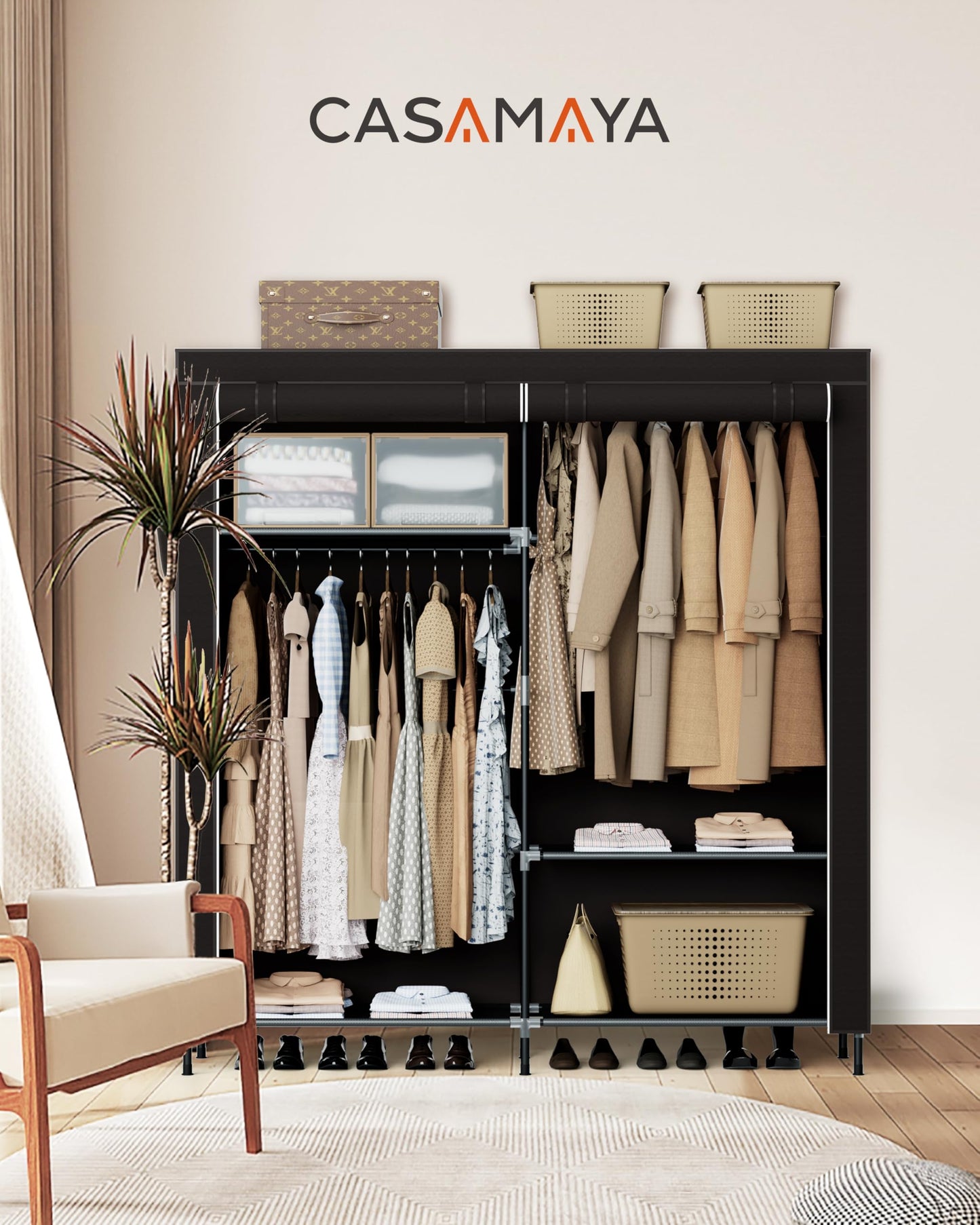 CASAMAYA Portable Closet, 61.8 Inch Large Capacity Wardrobe Closet with Cover, Clothes Storage Organizer with Shelves and 2 Hanging Rods, Easy to Assembly, Black PCT222B01