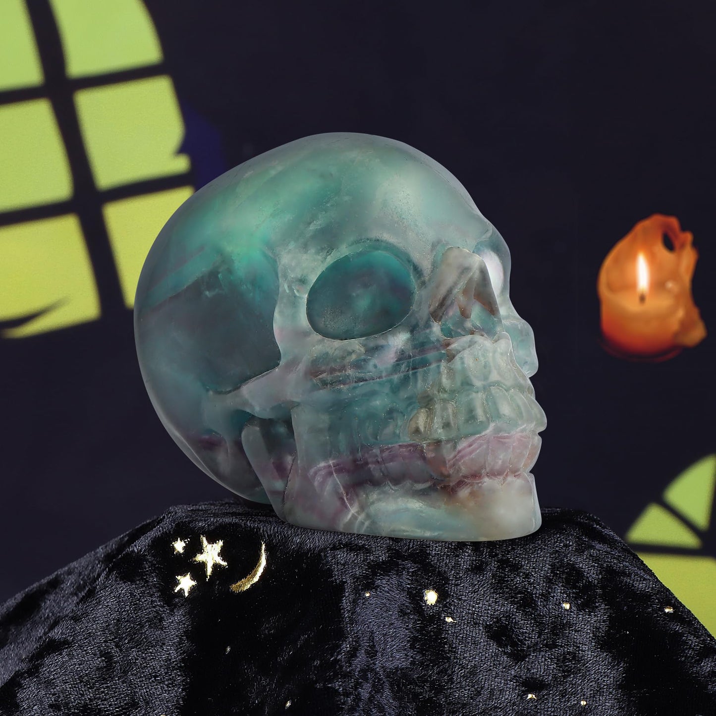 LEADGEM Crystal Skull Head Statue Hand Carved 3.0" Rainbow Fluorite Polished Gemstone Skull Stone Figurine Crafts Ornament for Home Office Halloween Decor