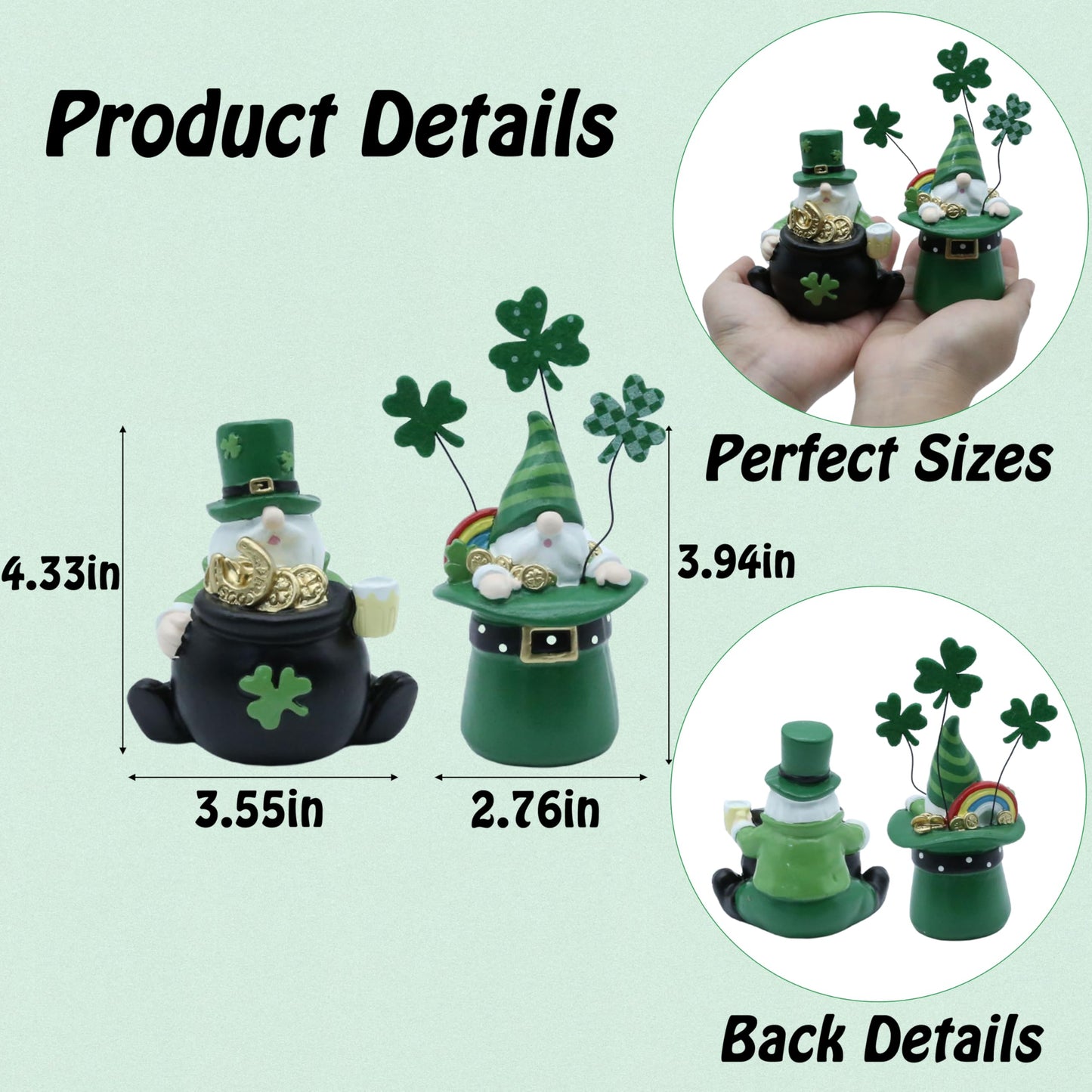 AOMOONOA St. Patrick’s Day Gnomes, 2Pcs Small Leprechaun Figurines for Irish Home Decor, Resin Green Elf Statues with Coins and Lucky Clover for Holiday Tabletop, Tiered Tray Decorations