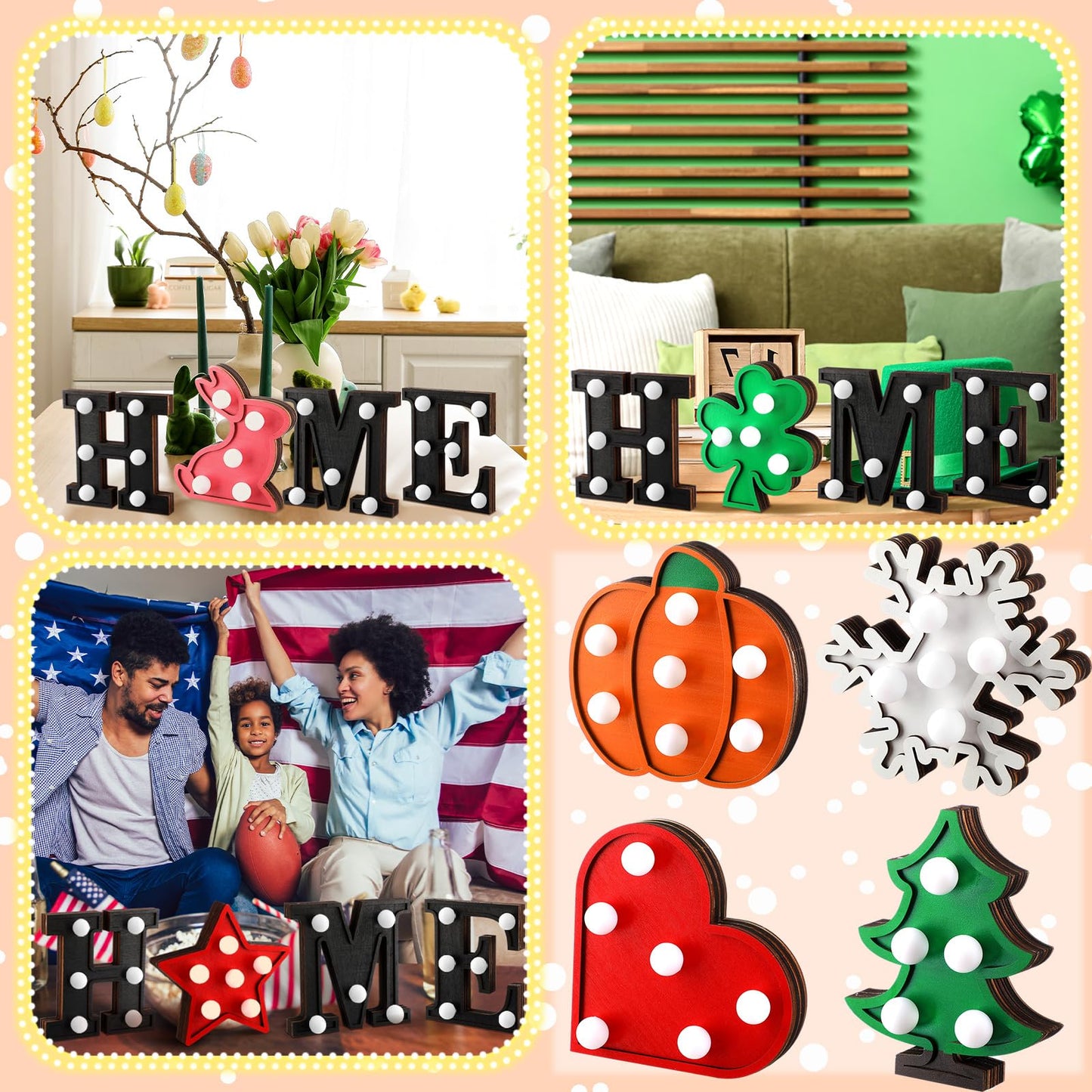 Aurelema Interchangeable Home Table Signs with 8 Pcs Seasonal Icons Wooden "home" Letter Signs with LED Marquee Light up Interchangeable Holiday Decorative Centerpiece for Holiday Room Decoration