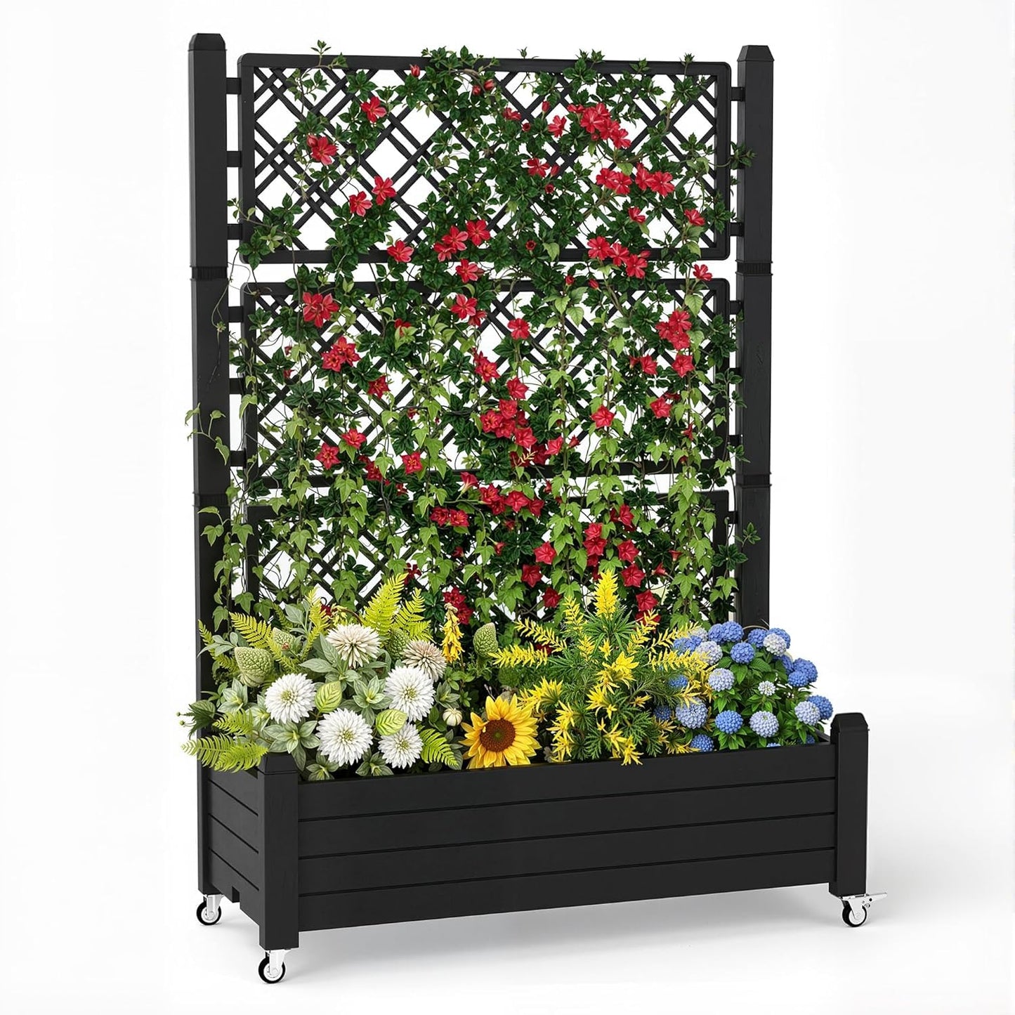 EasyUp Rolling Garden Planter Box with Trellis & Lockable Casters, Outdoor Raised Bed with Drainage & Water Gauge, Durable Resin for Patio, Balcony, Yard, Dust-Proof (Black, 43.43 * 18.27 * 64.29)