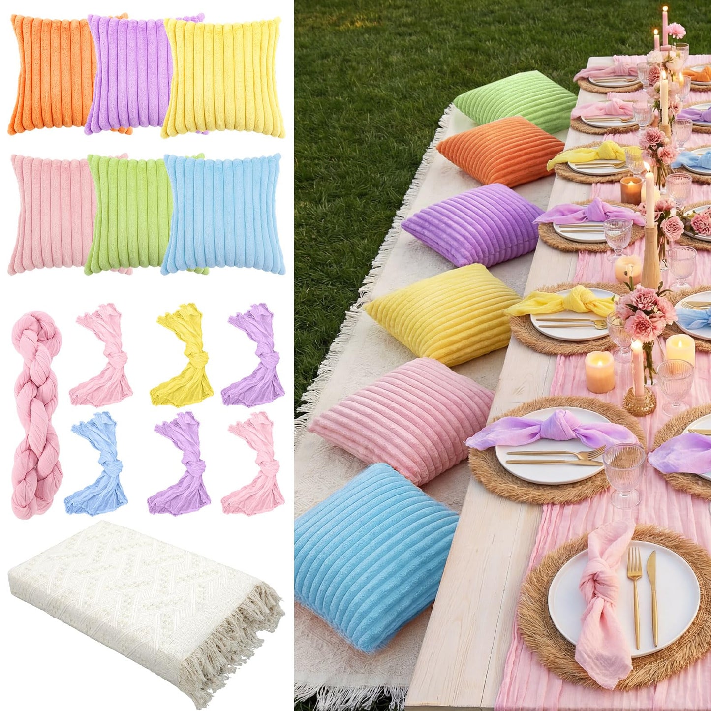 Beeveer 91 x 71 Extra Large Outdoor Boho Picnic Blanket with Pastel Table Runner, 6 Throw Pillow Covers 6 Napkins Woven Cotton Yarn Oversize Beach Blanket Washable Picnic Camp Wedding