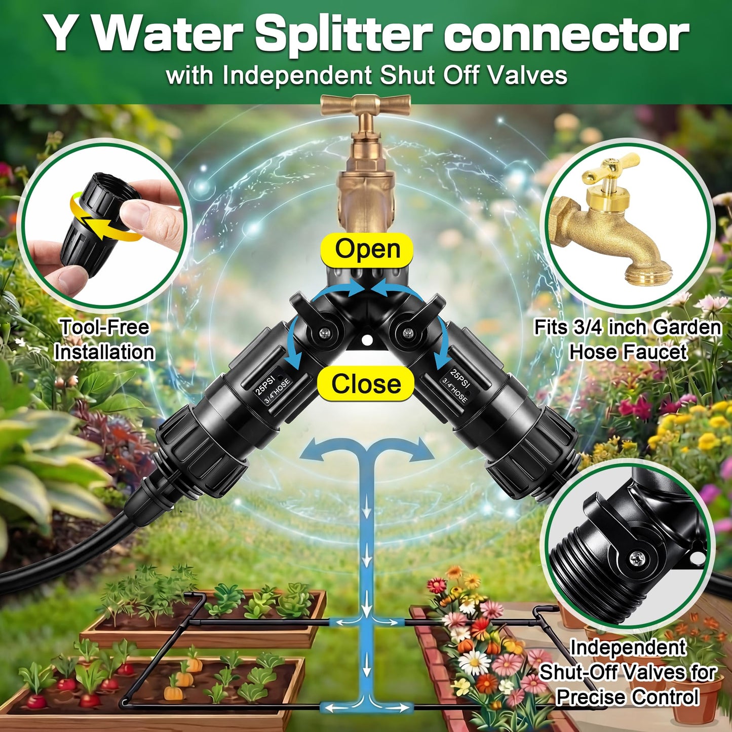 6 Pcs Drip Irrigation Kit, Included 2 Way Y Water Splitter Connector, 2 Pcs 25 PSI Garden Hose Pressure Regulator and 2 Pc 1/4 Inch Irrigation Tubing Hose Adapter for Drip Irrigate System