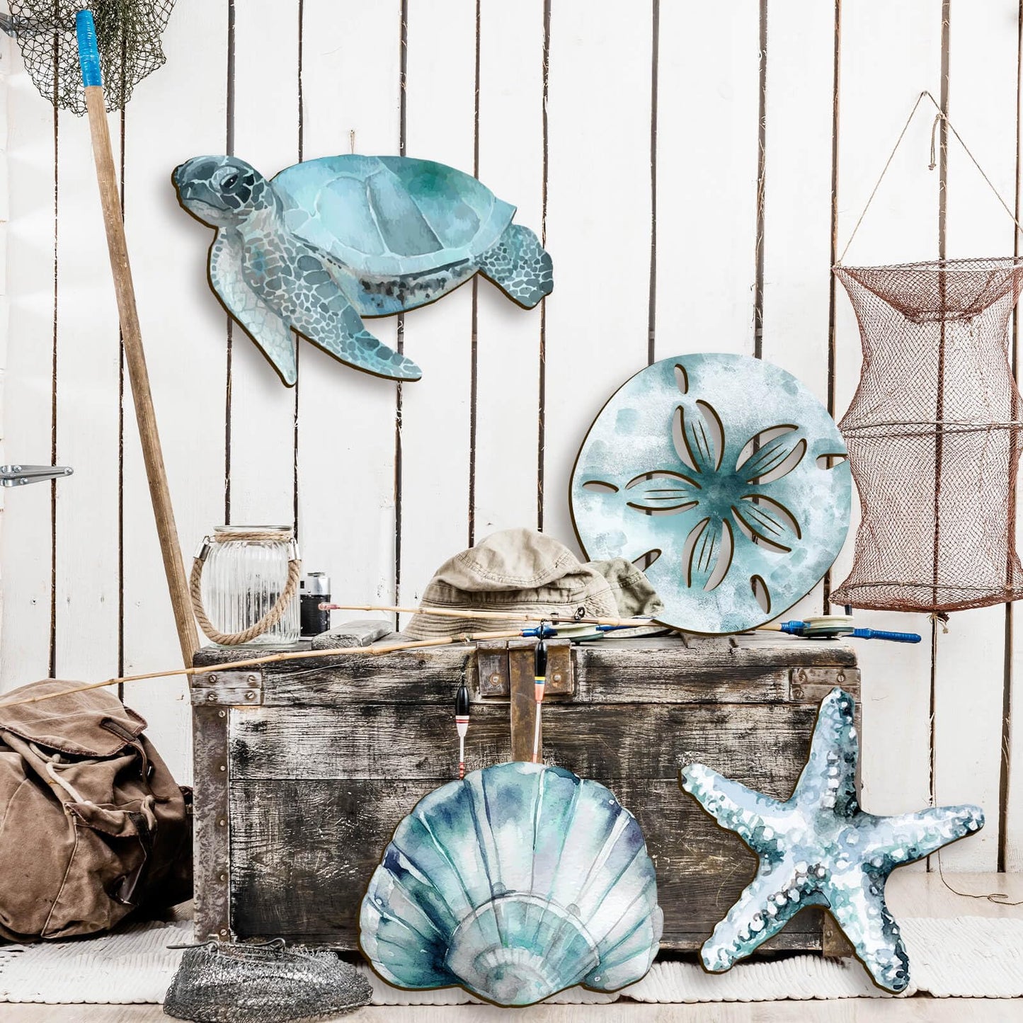 VGICH 4Pcs Wooden Beach Wall Art Coastal Hanging Decor with Turtle, Starfish, Crab, Shell for Nautical Living Room, Bathroom, Bedroom