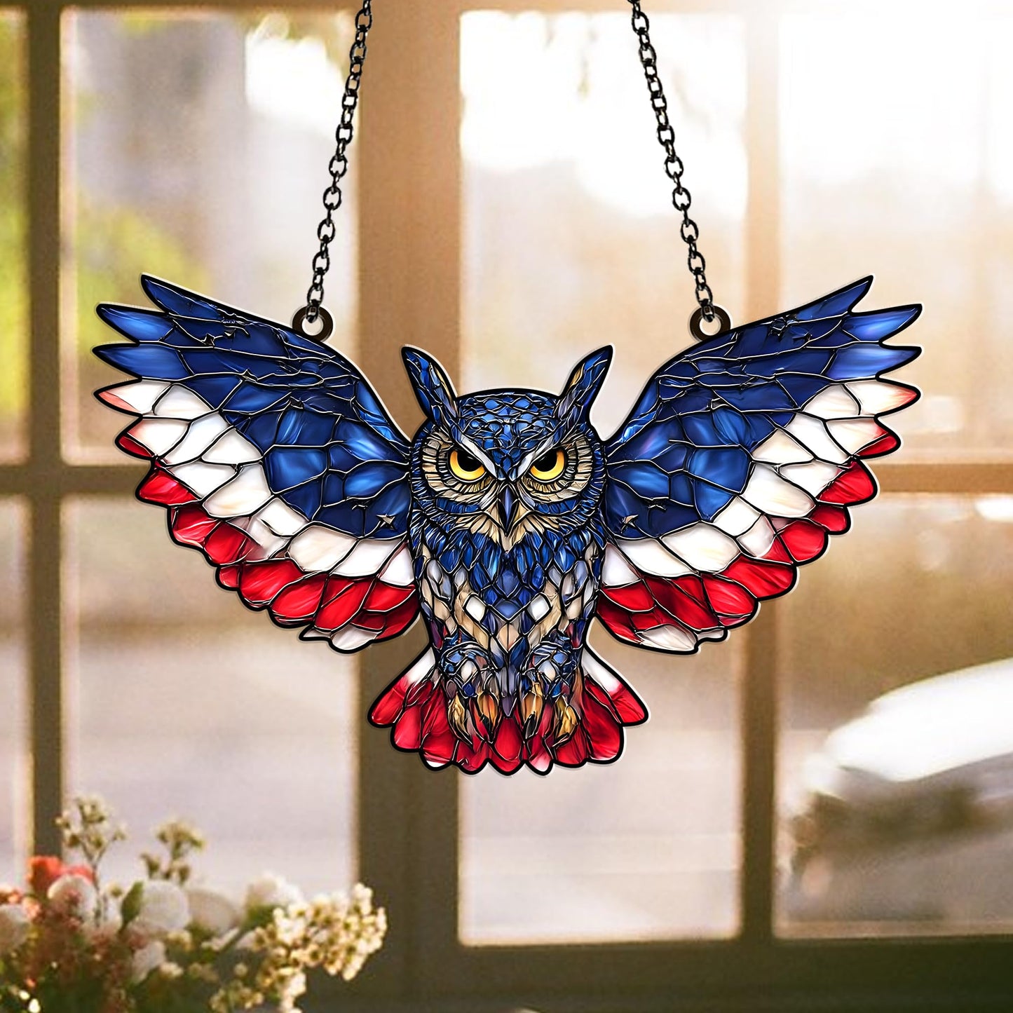 American Flag Owl Suncatcher Acrylic Suncatcher Window Hanging Ornament Patriotic Owl Decor for Home, Garden, Office 4th of July Gifts Bird Ornament for USA Lovers, Veterans, Nature Fans