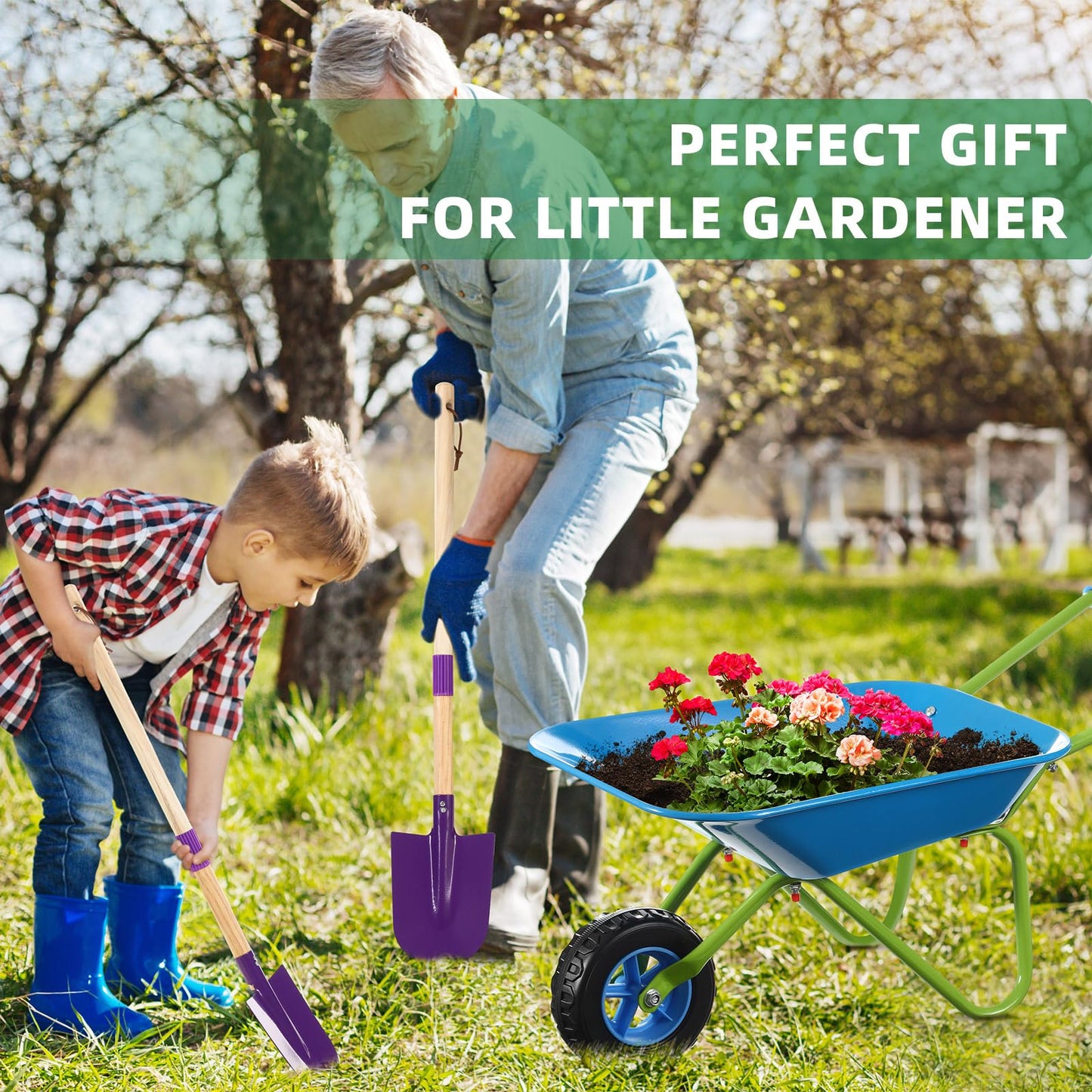 DaisyInner 5 Pcs Kids Gardening Tool Set Include Kids Wheelbarrow Metal Small Toddler Wheelbarrow Wagon with 4 Piece Kids Shovel, Rake, Hoe, Leaf Rake Wooden Gardening Tools for Boys and Girls
