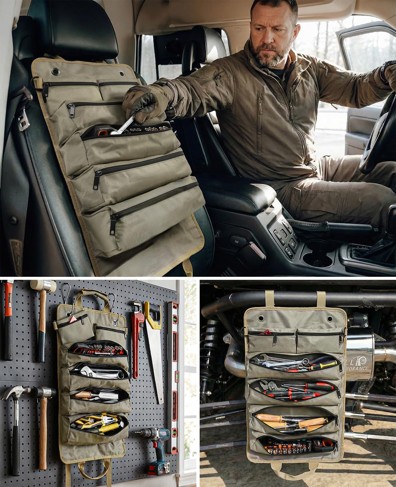 Tool Roll Up Bag, 1680D Heavy Duty Tool Bag Organizer with 2 Detachable Tool Pouches & Multiple Pockets, Waterproof Motorcycle Tool Roll for Mechanic & Electrician, Gift for Men Him Dad, 21.9"*14.7"