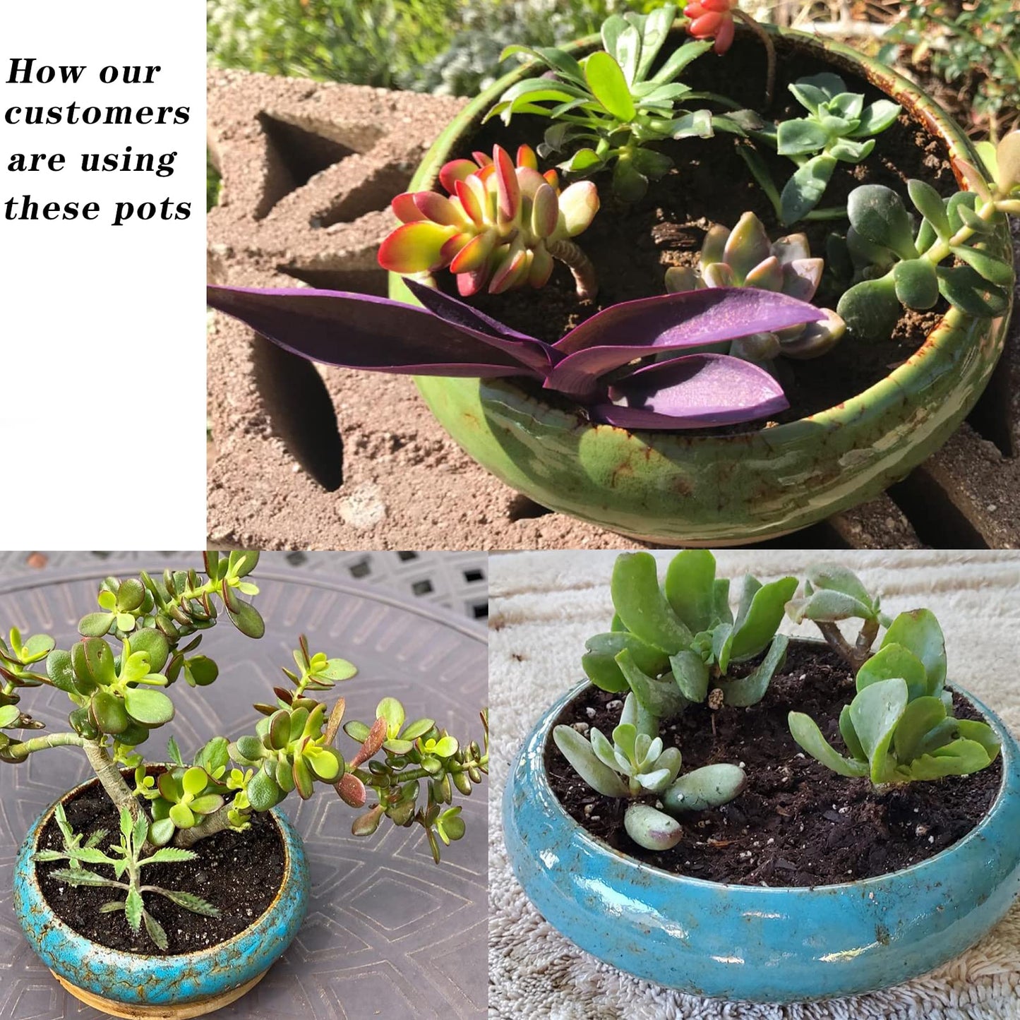 ARTKETTY 2 Pack Large Bonsai Pots with Drainage, Shallow Succulent Plant Pots with Stand, Ceramic Pots for Indoor Plants, Decorative Cactus Flower Planter Bowl