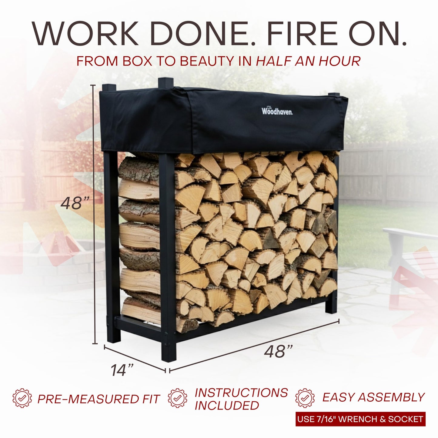 Woodhaven Black 4 Foot - Heavy Duty Made In USA - Indoor Outdoor - 1/4 Cord Firewood Storage Log Rack With Seasoning Cover Combo Set - Metal Log Storage - 48” x 48”