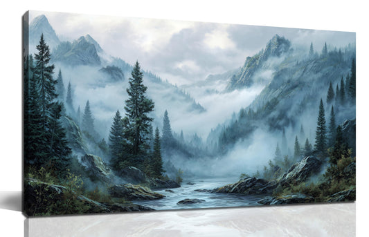 WVMAPTA Foggy Forest Wall Art for Living Room Tree Canvas Wall Art for Office Mountain Pictures Wall Decor for Bedroom Size 20 x 40 Inch