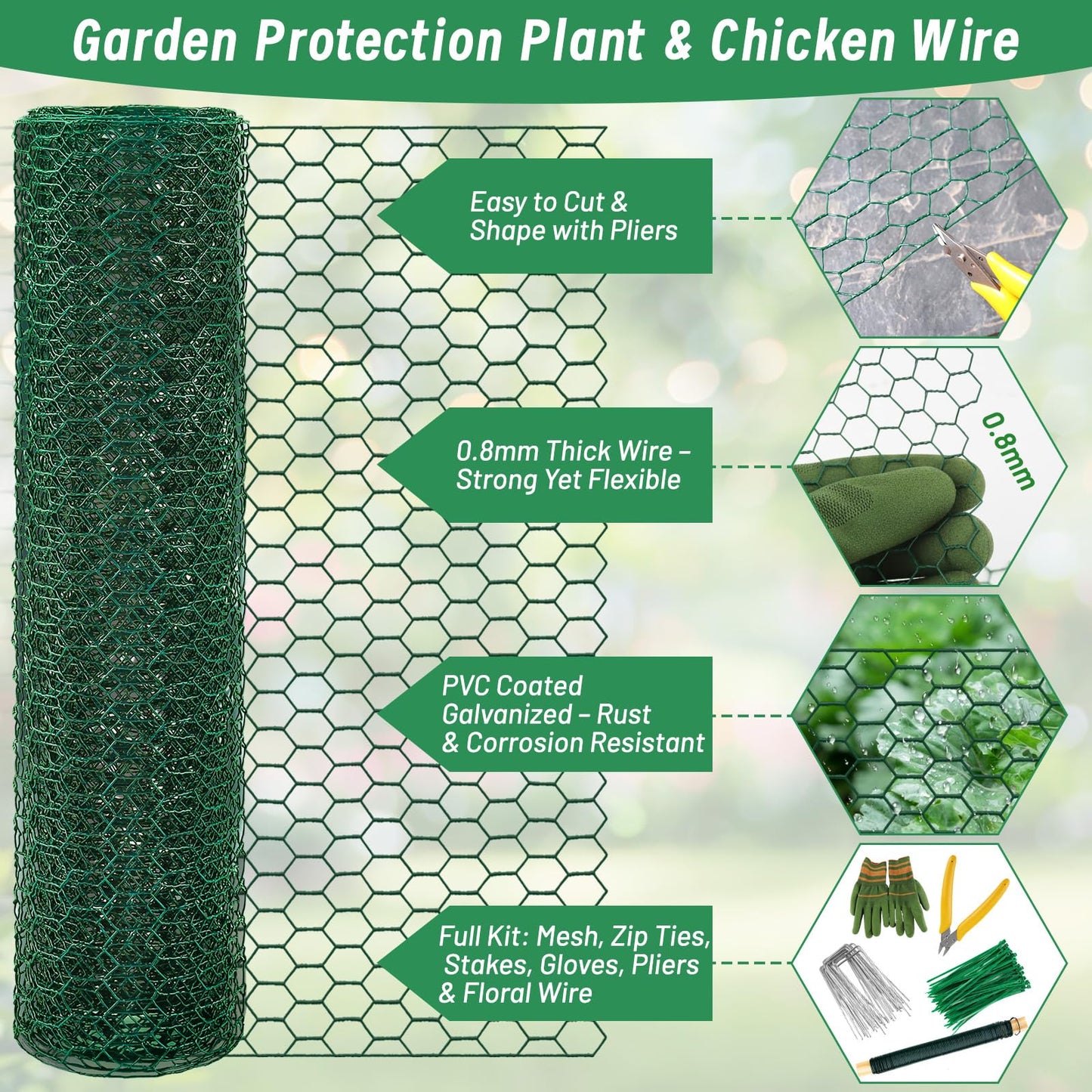 Convivium Plant Protectors from Animals, 0.8mm Free-Cut Green Chicken Wire Mesh, PVC Coated Tree Trunk Guard & Garden Fence for Outdoor Plants with Zip Ties, Stakes, Pliers, Gloves（16.4Ft*16In）