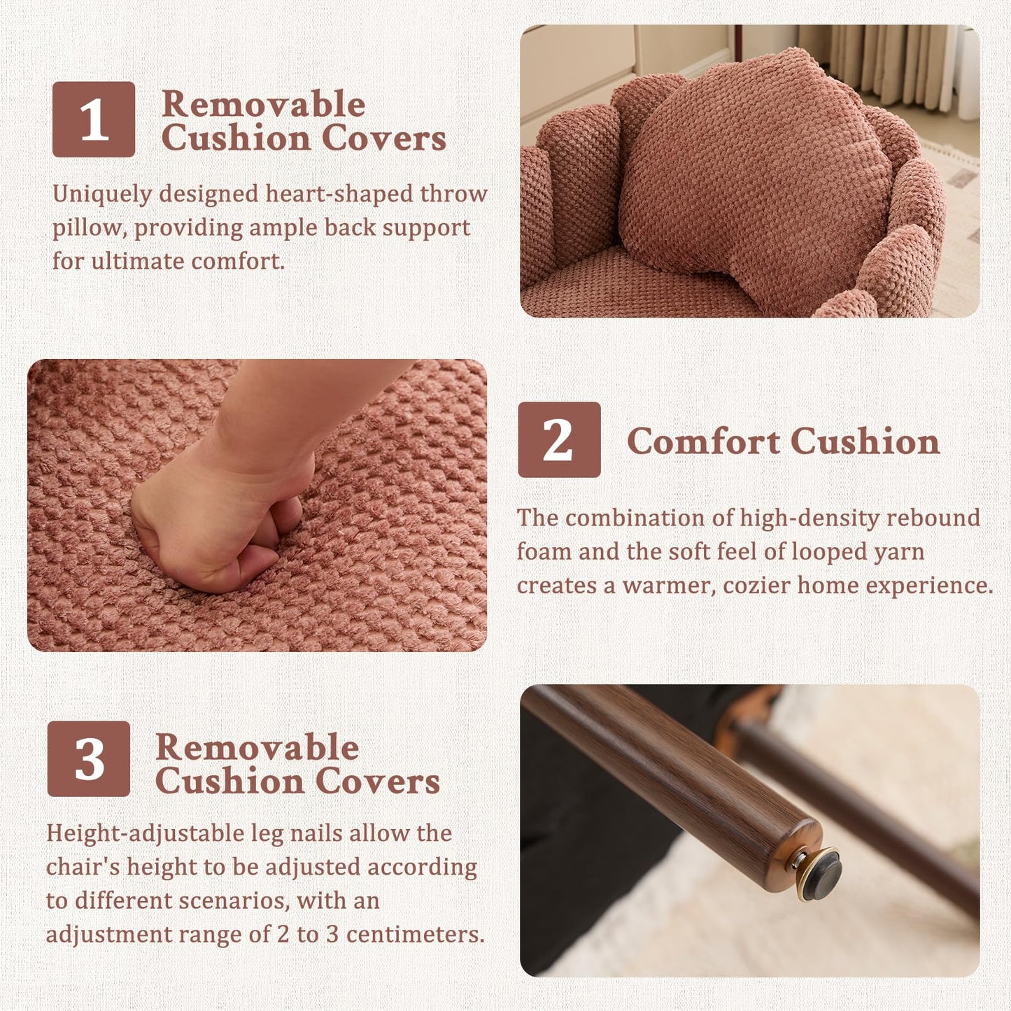 Furniliving Pink Vanity Chair, Velvet Accent Chair for Living Room, Shell Chairs with Wooden Legs, Makeup Chair for Bedroom, Armchair Cute Petal Reading Chair with Pillow