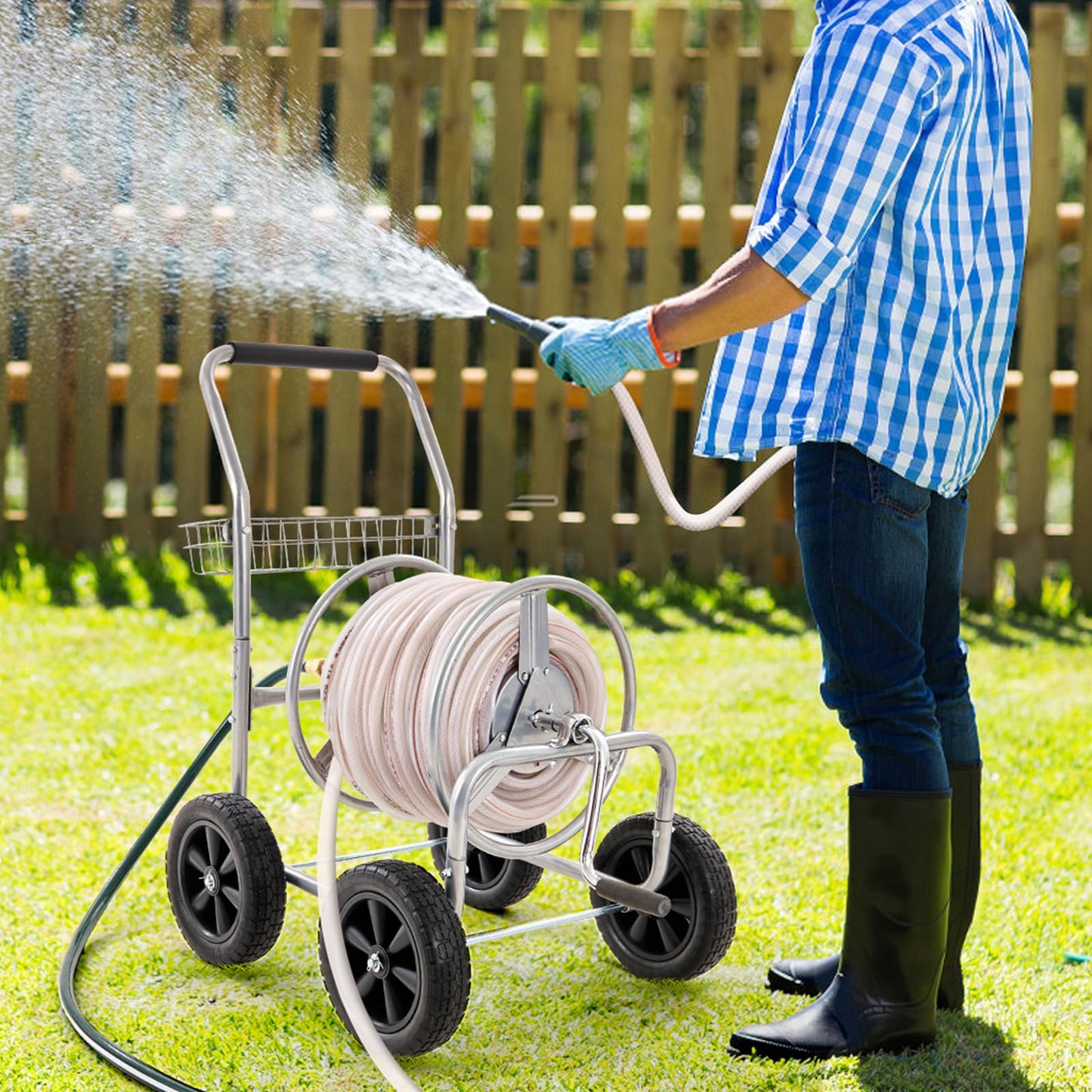 VEVOR Hose Reel Cart, Hold Up to 300 ft of 5/8’’ Hose, Garden Water Hose Carts Mobile Tools with 4 Wheels, Heavy Duty Powder-Coated Steel Outdoor Planting with Storage Basket, for Garden, Yard, Lawn