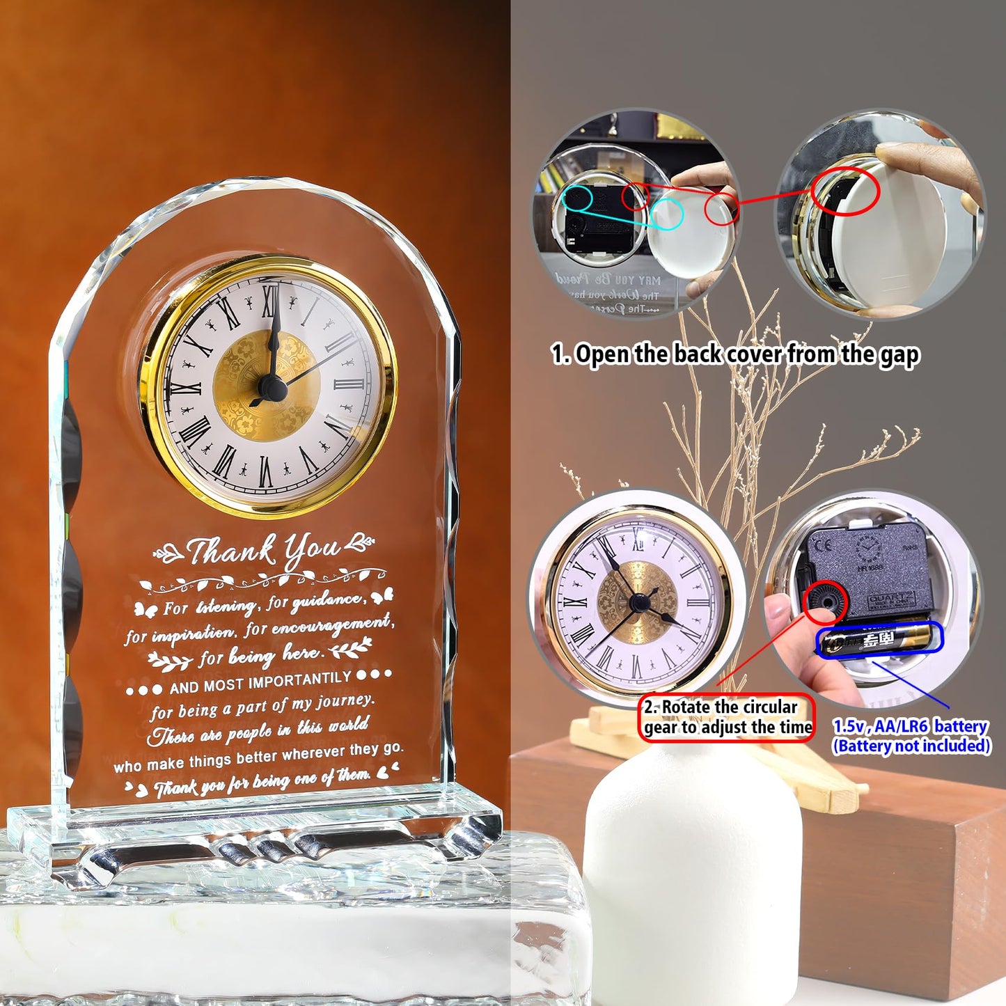 Ornalrist Thank You Gifts for Women Men, Crystal Clock Appreciation Gifts for Coworkers Friends Employee Teacher, Thank You Clock for Leader Colleague