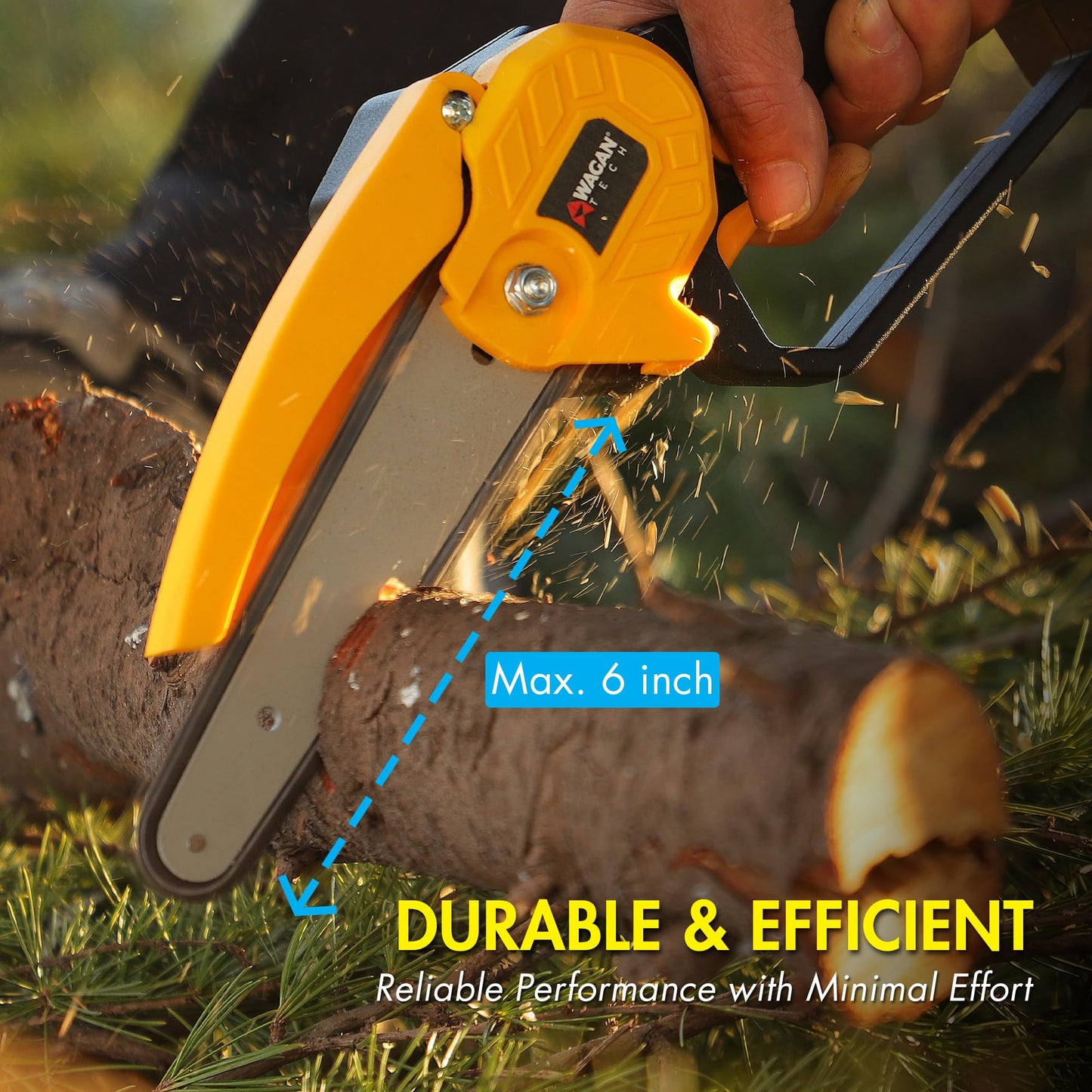 Wagan EL7007 OneVolt Cordless Chainsaw 6, 6-Inch Mini Chainsaw with UL Certified 3.0Ah Rechargeable Battery, Lightweight Handheld Saw for Tree Trimming, Pruning, and Wood Cutting