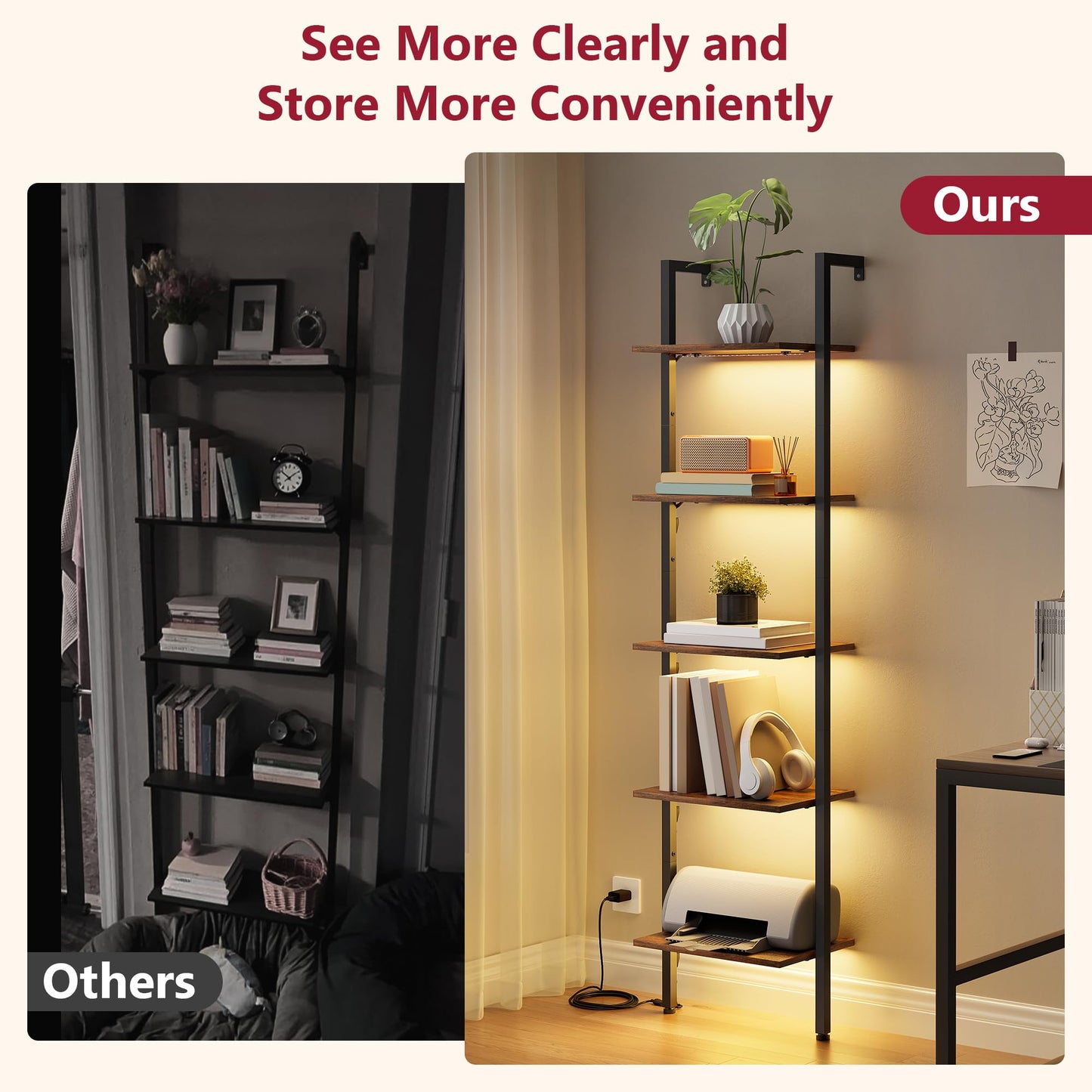 Tajsoon 5-Tier Ladder Shelf with LED Light, Wall Mounted Ladder Bookshelf with Metal Frame, Wall Ladder Bookshelf for Living Room, Bedroom, Office, Rustic Brown