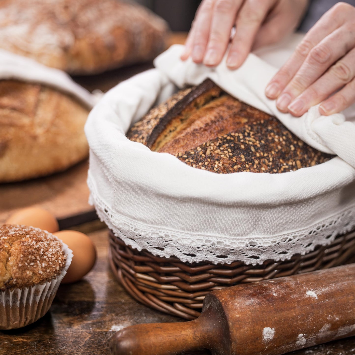 CASADEMA Bread Warmer Basket with Warming Stone (Large Oval 12 x 9) - Bundled w/Linen Bread Bag & Bread/Sugar Saver - Bread Baskets for Serving with liner and lid - Bread Serving Basket for Table