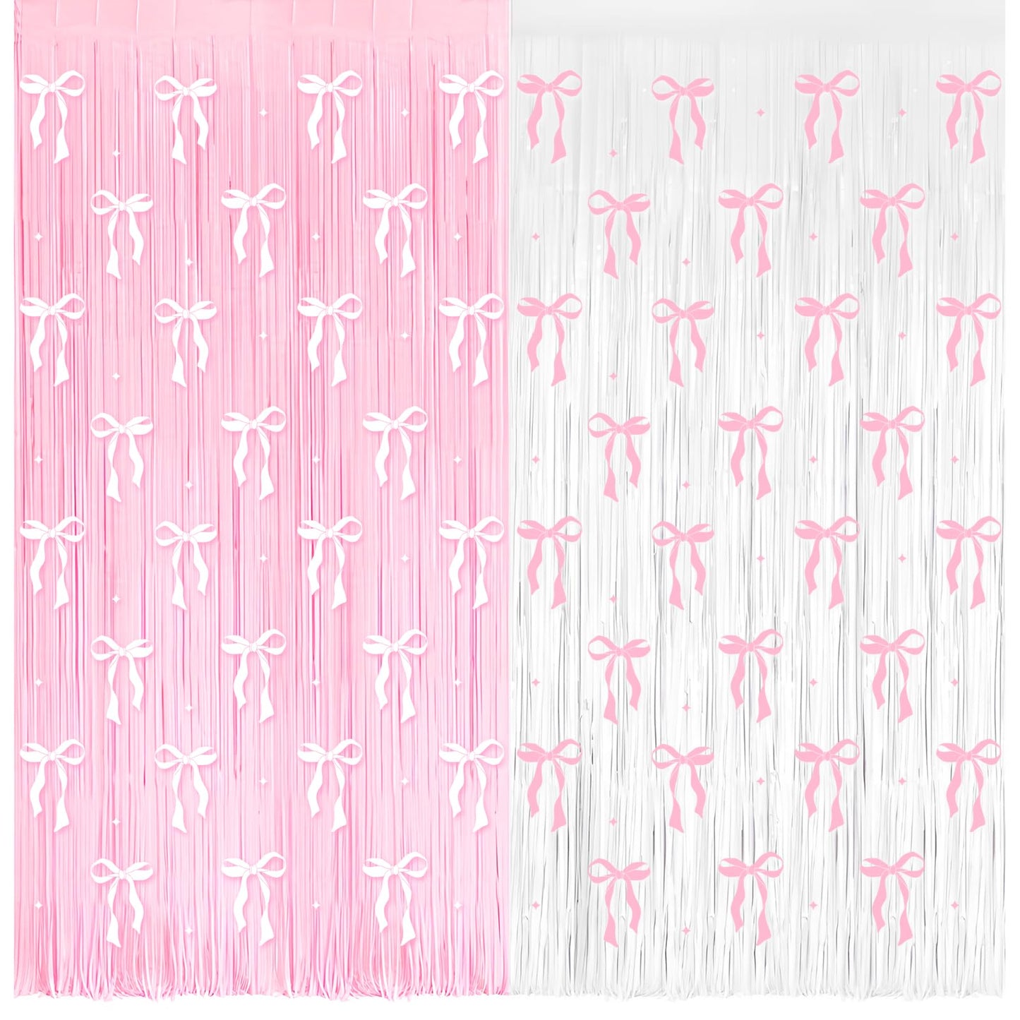 4 Pack Pink Bow Party Backdrop Decoration Pink Bow Foil Fringe Curtains for Girls Bow Birthday Baby Shower Decorations Bridal Shower Bachelorette Party Decor Supplies 3.2ft X 8.2ft
