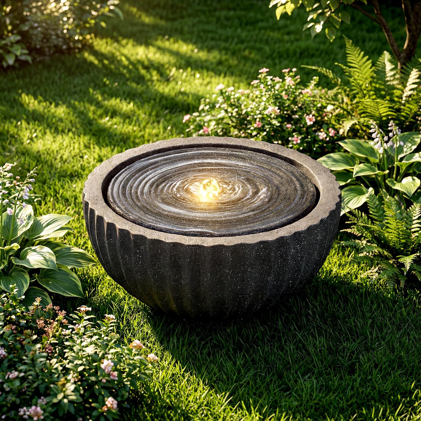Giantex 18" Round Outdoor Water Fountain with 6 LED Lights, Stone Gray Resin Sphere Waterfall Feature with Adjustable Pump, Lighted Bubbling Fountain for Garden Patio Porch Decor (18" Dia. x 9.5" H)
