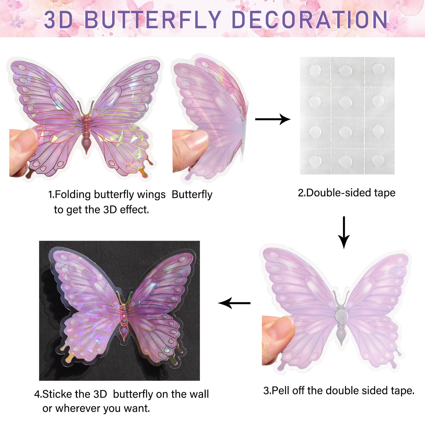 3D Butterfly Wall Decor - 50PCS Removable PVC Butterflies Wall Stickers- Multi-Size (2.8"-3.9")- DIY Removable Wall Art Decal for Kids Room, Nursery, Bedroom, Classroom, Party Decoration (Pink)