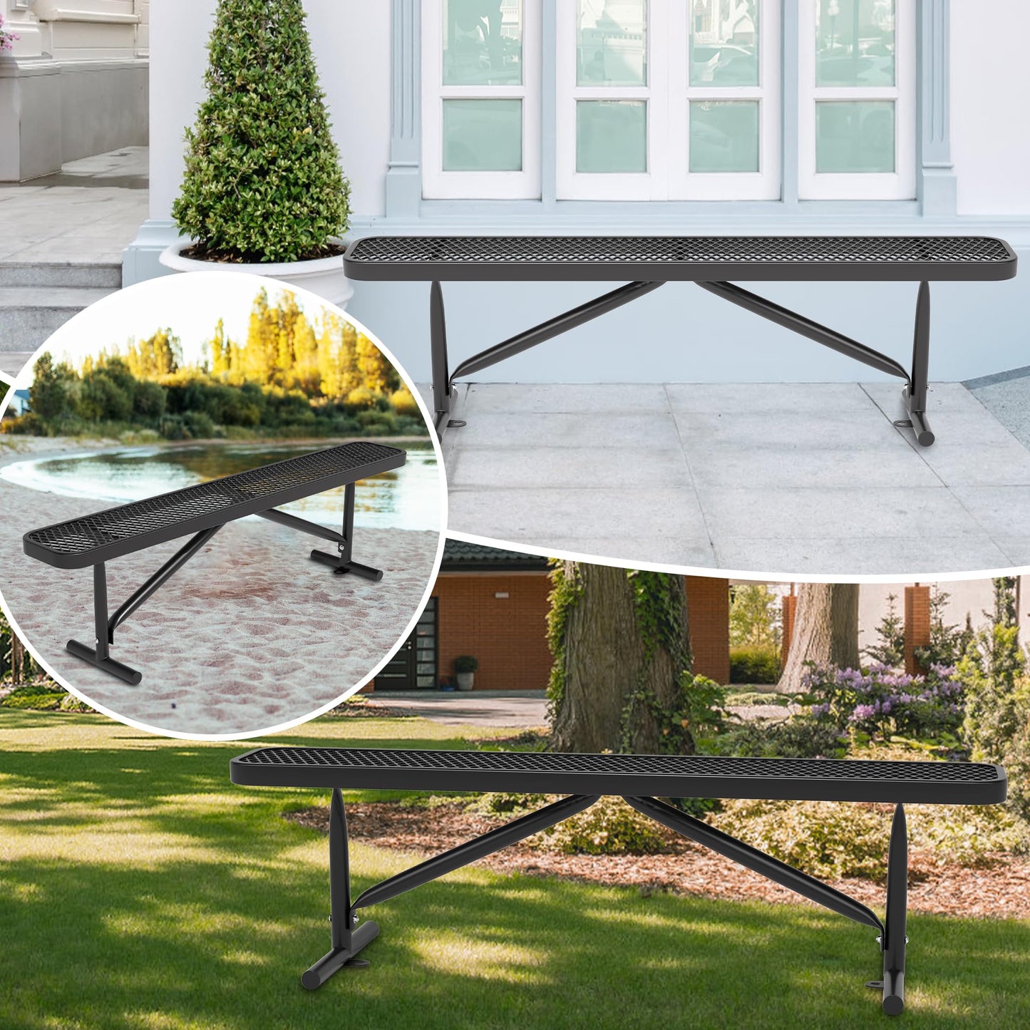 Park Benches for Outside, 6 ft Steel Outdoor Garden Bench Porch Chair Furniture Patio Seating, Commercial Expanded Metal Mesh Bench for Shopping Malls, Lawn, Backyard, Park, Deck, Street, School