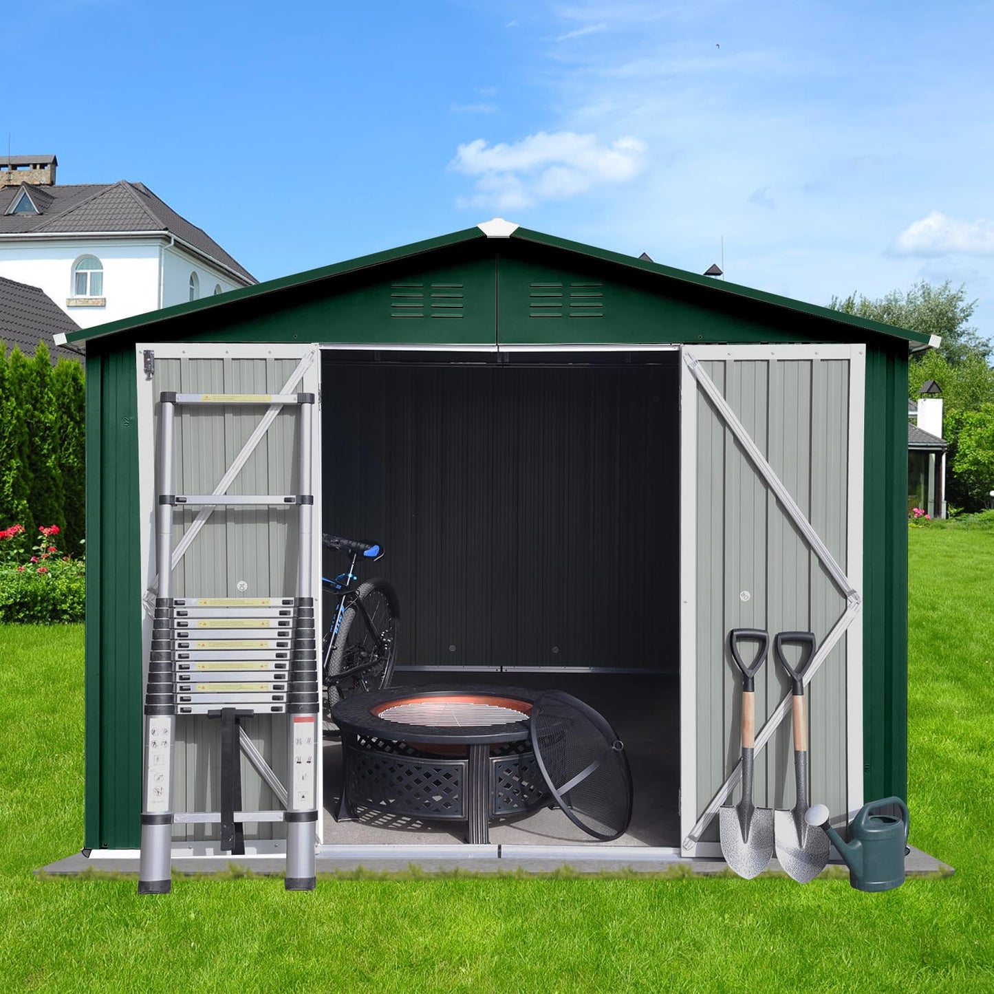 KTATK 10x8 FT Metal Garden Sheds with Hinged Door and Padlock & Punched Vents,Aluminum Outdoor Storage Shed w/Eco-Friendly Painting,for Bike, Barbeque,Tool,Green+White
