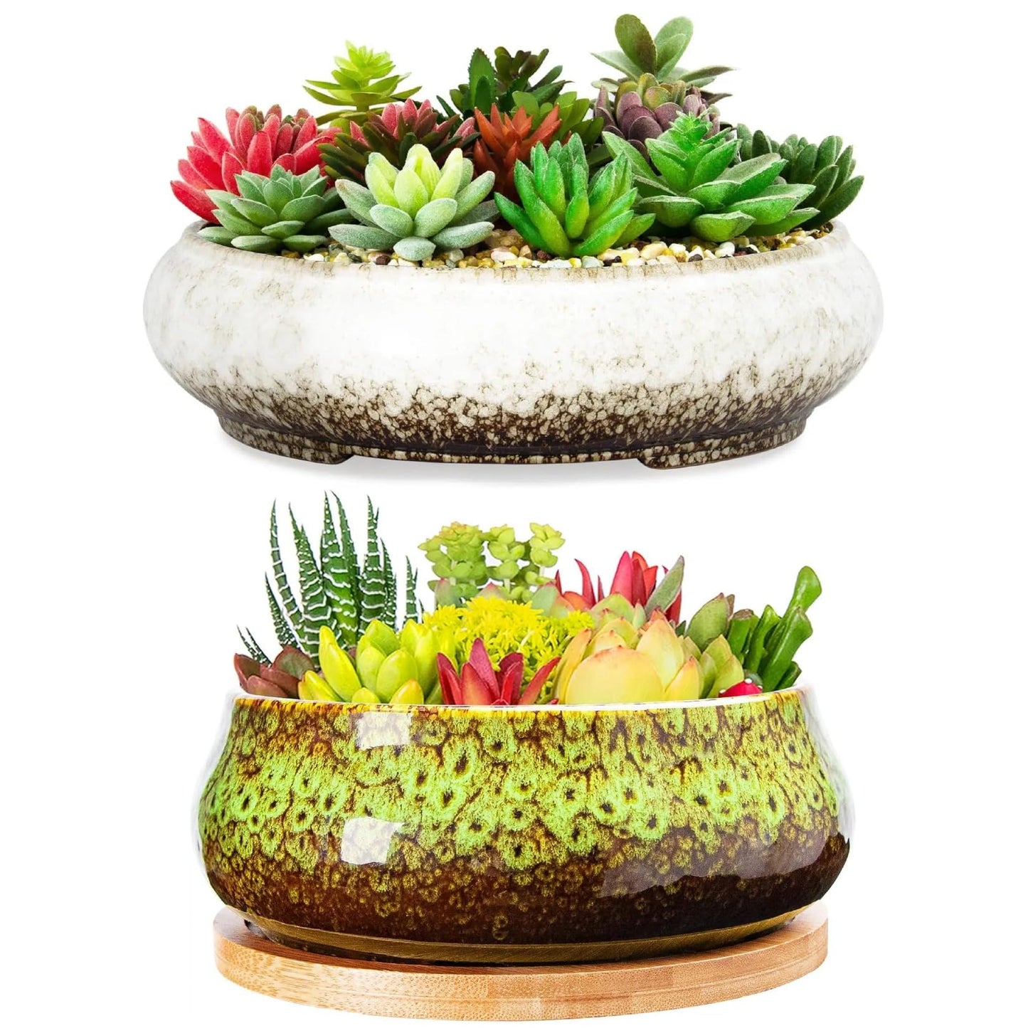 ARTKETTY Succulent Pots - Ceramic Bonsai Pots with Drainage, Large Shallow Succulent Planters for Indoor Outdoor Plants, Round Glazed Cactus Flower Plant Container Bowl Home Desk Decor