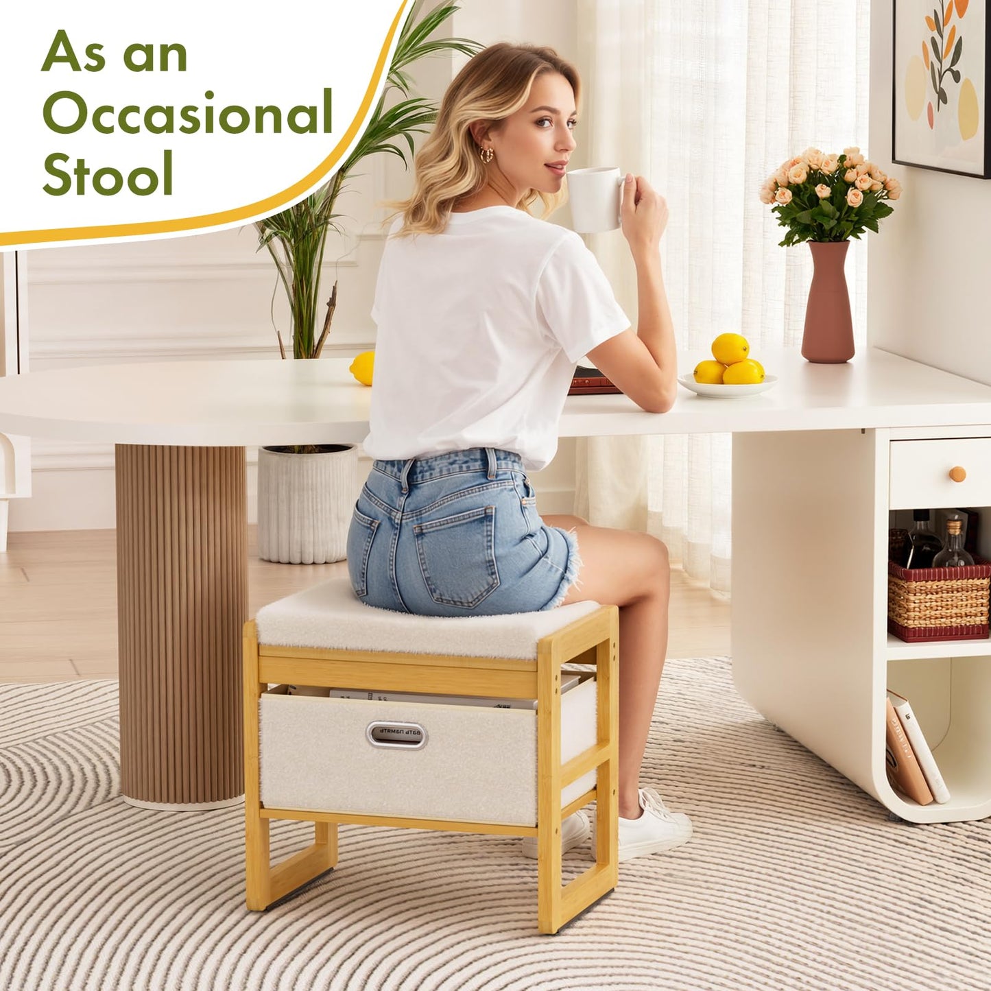 Atoping Storage Ottoman, Bamboo Footstool with Drawer, 3-in-1 Soft Ottoman with Storage, Multifunctional Footrest, Seat & Organizer for Living Room, Bedroom, Entryway Gift Set for Family