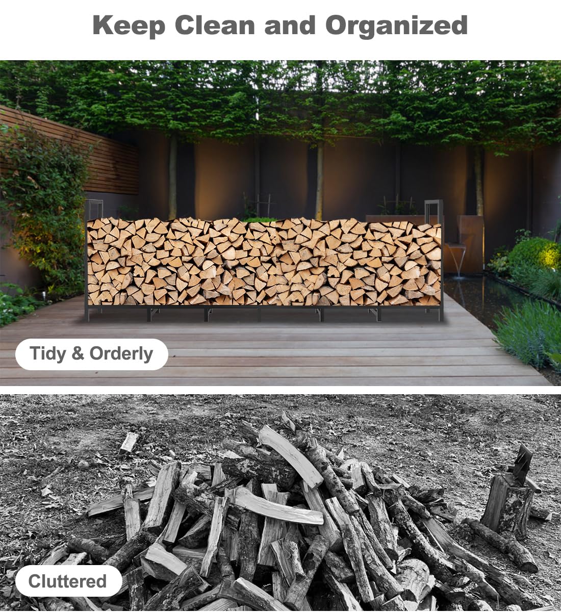 BALIE SPACE 8ft Outdoor Firewood Rack Holder with 14 Support Legs for Fire Wood Pile Storage, Adjustable Heavy Duty Log Stacker Stand Organizer, Black