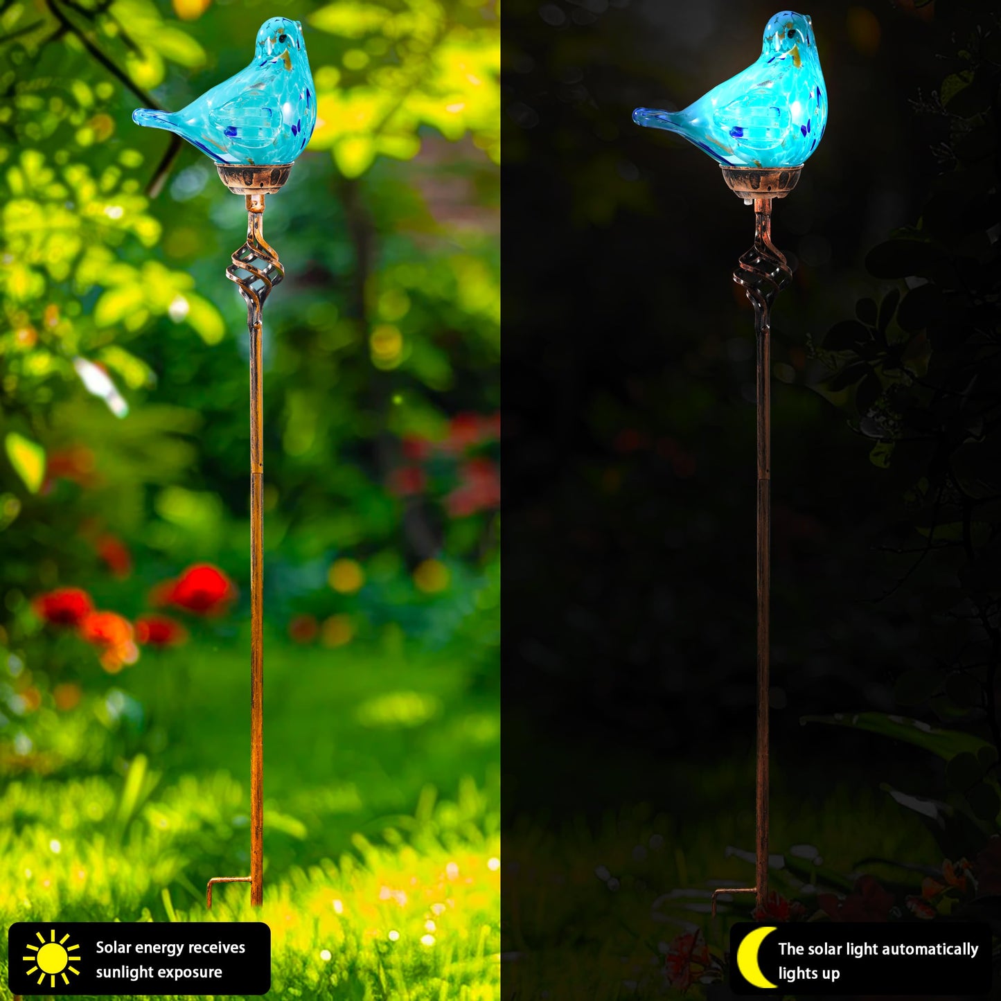 Naboher Decorative Solar Lights, Outdoor Solar Bird Stake Lights, Hand Blown Glass Decorative Garden Pathway Lights Outdoor Waterproof Glass Stakes (Light Blue)