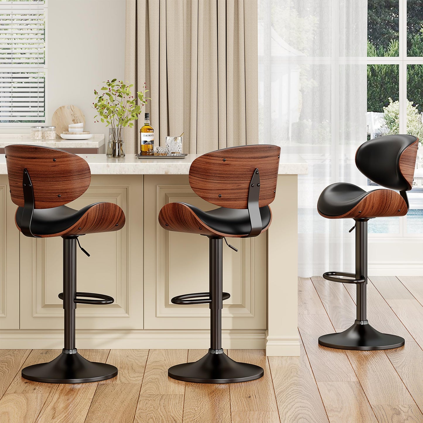 YaFiti Swivel Bar Stools Set of 2 for Kitchen Counter, Adjustable Bentwood Barstools, Modern PU Leather Upholstered Bar Chair with Back and Footrest, for Bar, Kitchen, Dining Room, Black
