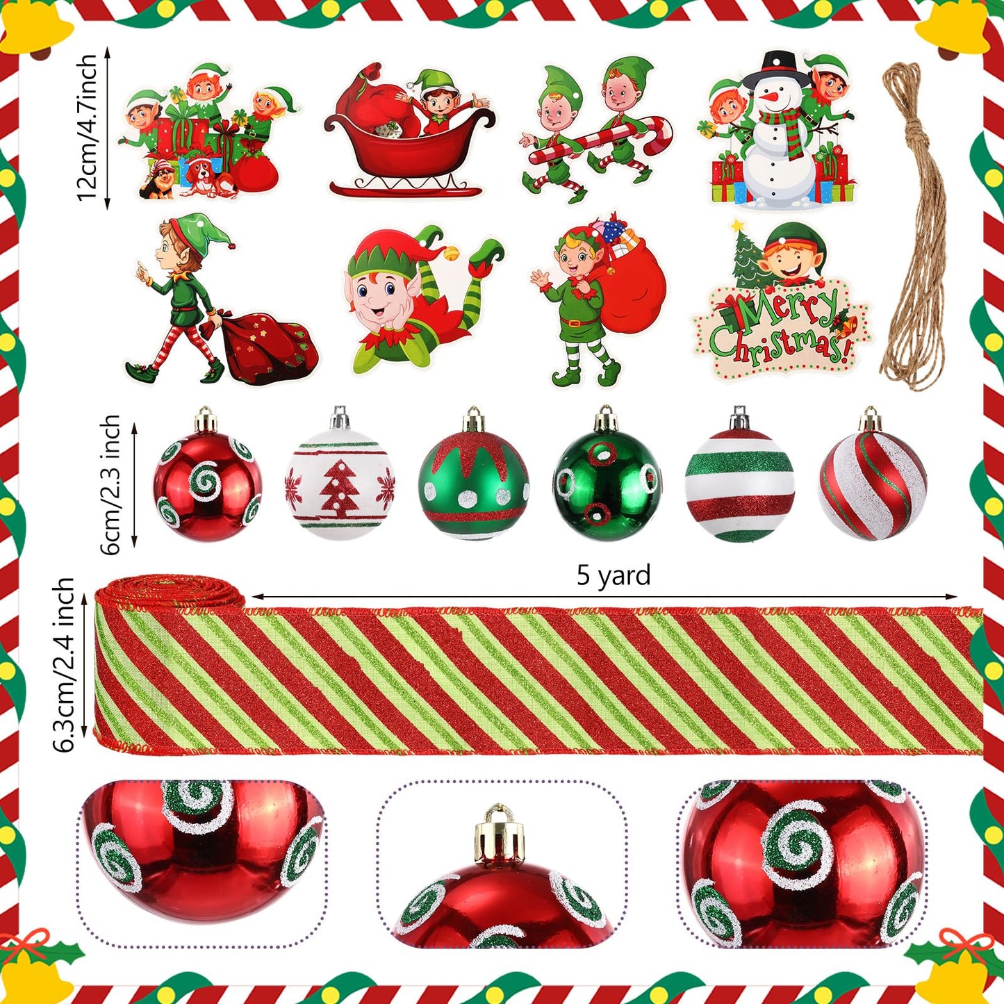 43 Pcs Elf Christmas Tree Decorations Elf Christmas Tree Hanging Ornaments Topper Candy Ball Pendant Red White Green Hanging Ornaments for Holiday Party Decoration