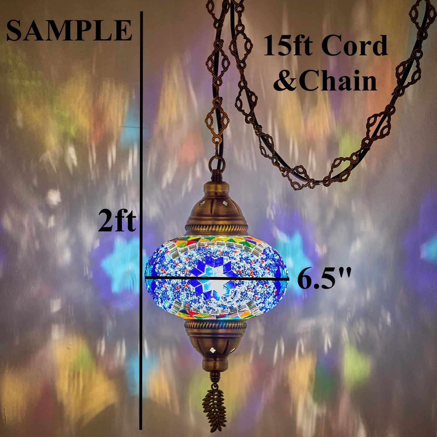 DEMMEX Authentic Turkish Mosaic Plug-in Swag Pendant Light Fixture, Large 6.5" Globe – Moroccan Hanging Ceiling Lamp - 15ft Cord & Chain, US/CA Plug, Exotic Mediterranean Decor, Handmade