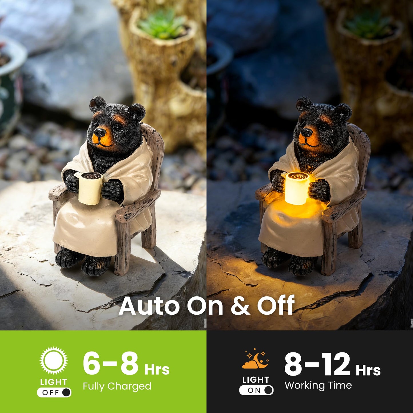 SOWSUN Miniature Garden Statue, Solar Black Bear Decoration with Light, Outdoor Decor for Patio Yard Lawn Balcony, Christmas/Birthday Gift for Mom Women