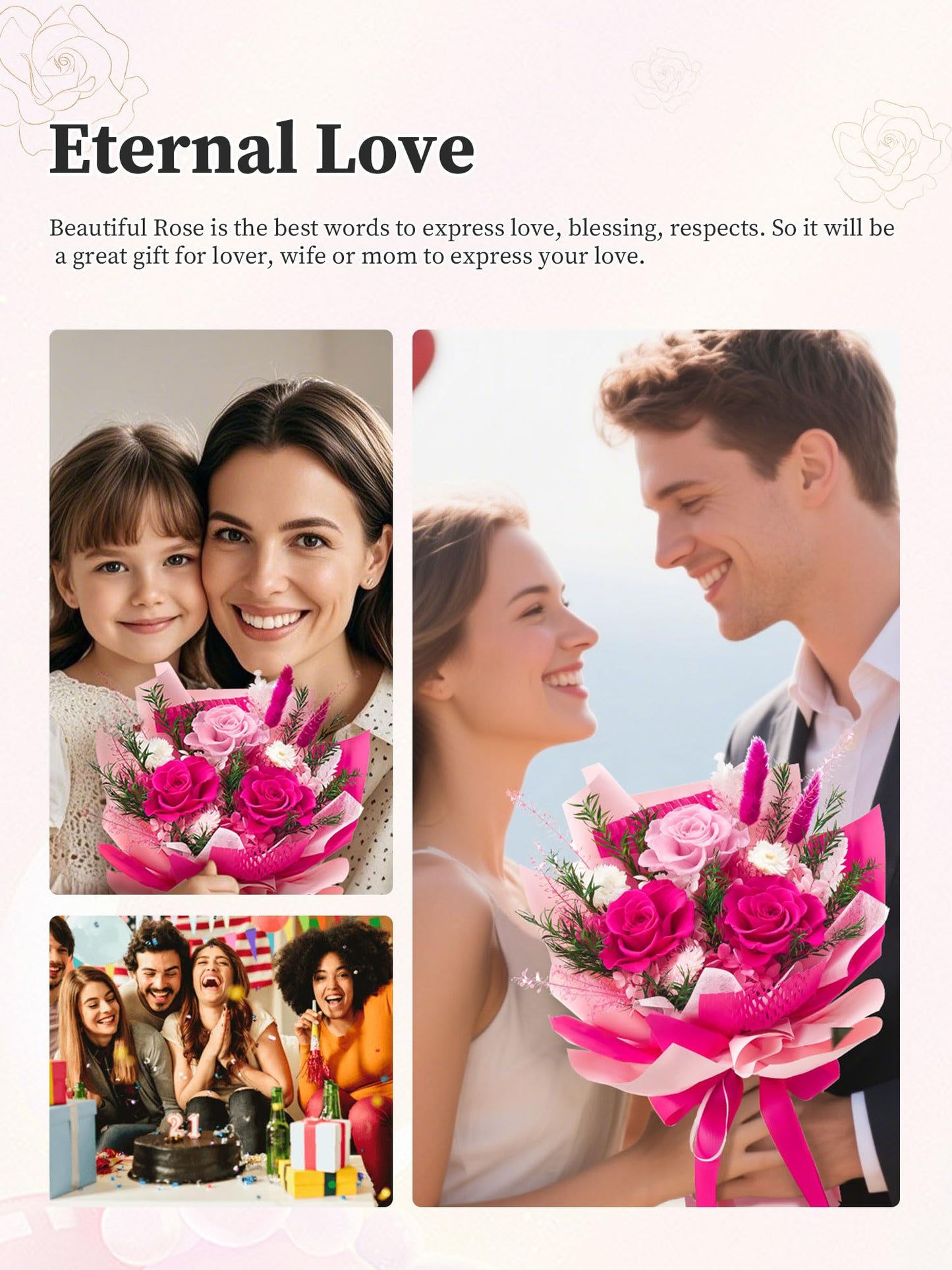 Flomoon Preserved Flowers Bouquet, Forever Flowers for Delivery, Mothers Day Long-Lasting Real Roses Bouquet, Anniversary Birthday Flowers Gifts for Mom Grandma Women Wife Her (Hot Pink)