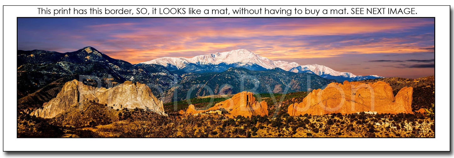 PHOTOSBYJON Pike's Peak and Garden of The Gods 11.75 inches x 36 inches Colorado Mountain Landscape Photographic Print Panorama Poster Photo Picture Standard Size