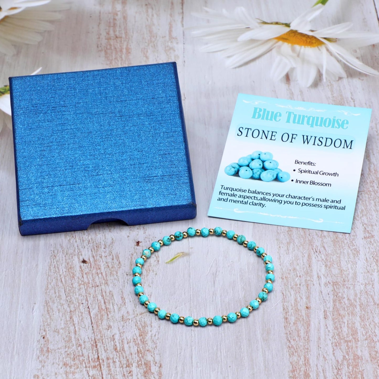 QOGIR Blue Turquoise - Stone of Wisdom - 14K Gold Plated Beads Natural Gemstone Stretch Elastic Dainty Healing Beaded Bracelets Gifts 4mm
