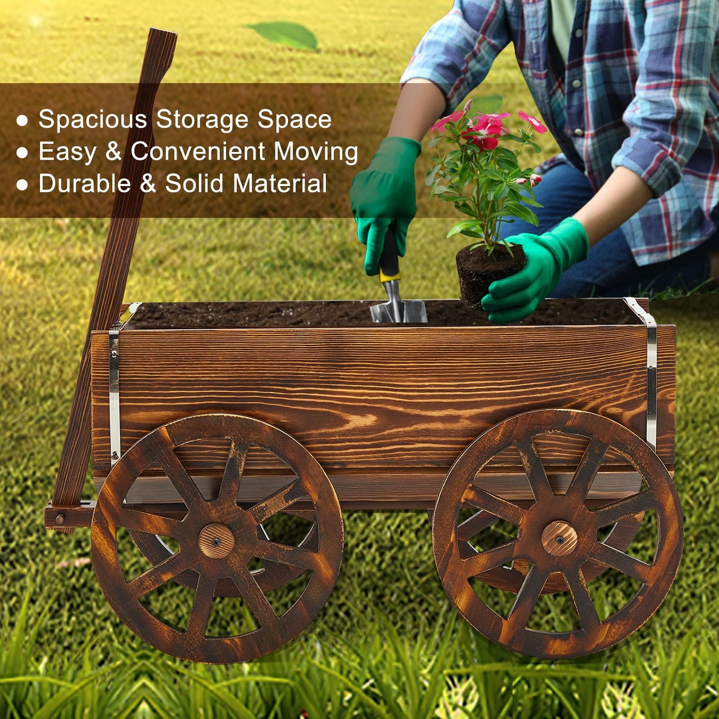 Beeveer Wooden Wagon Flower Planter Cart Garden Planter Box with Wagon Wheels Cart for Home Garden Outdoor Balcony Decorative, Patio Flowers Herbs Vegetables, Brown 34 x 23.5(Small Classic)