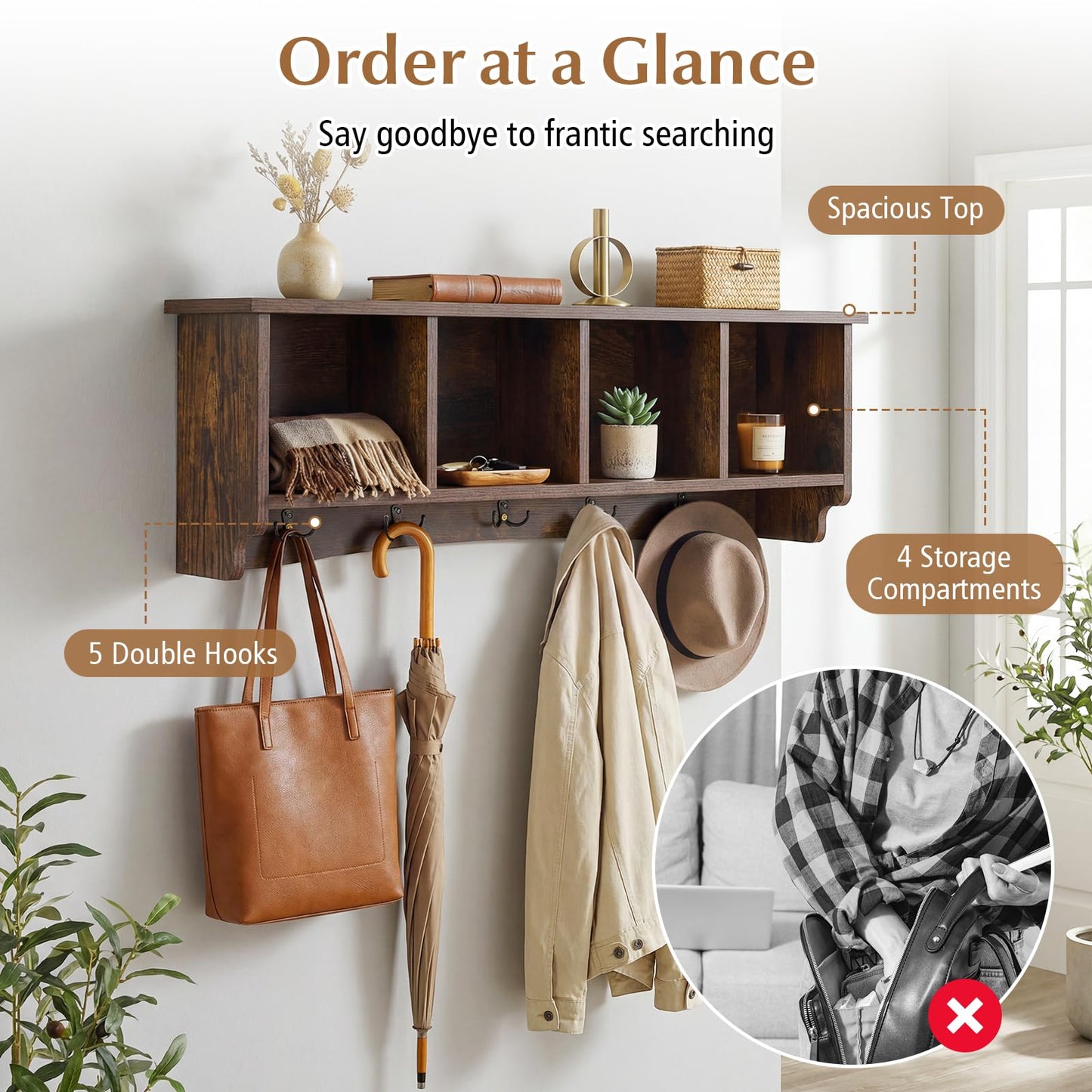 Giantex Wall Mounted Coat Rack, 28.5'' Wooden Floating Shelf with 4 Cubbies & 5 Double Hooks, Modern Space-Saving Storage Display Organizer for Entryway, Hallway, Mudroom (Rustic Brown)