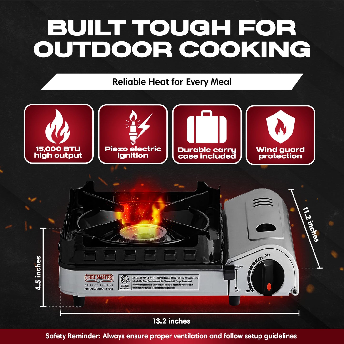 Chef Master 15,000 BTU Butane Portable Camp Stove | Double Wind-Guard Portable Stove Burner w/Piezo Click Ignition for Emergencies, Tailgating, Hiking, Backpacking & Camping Essentials - 90019