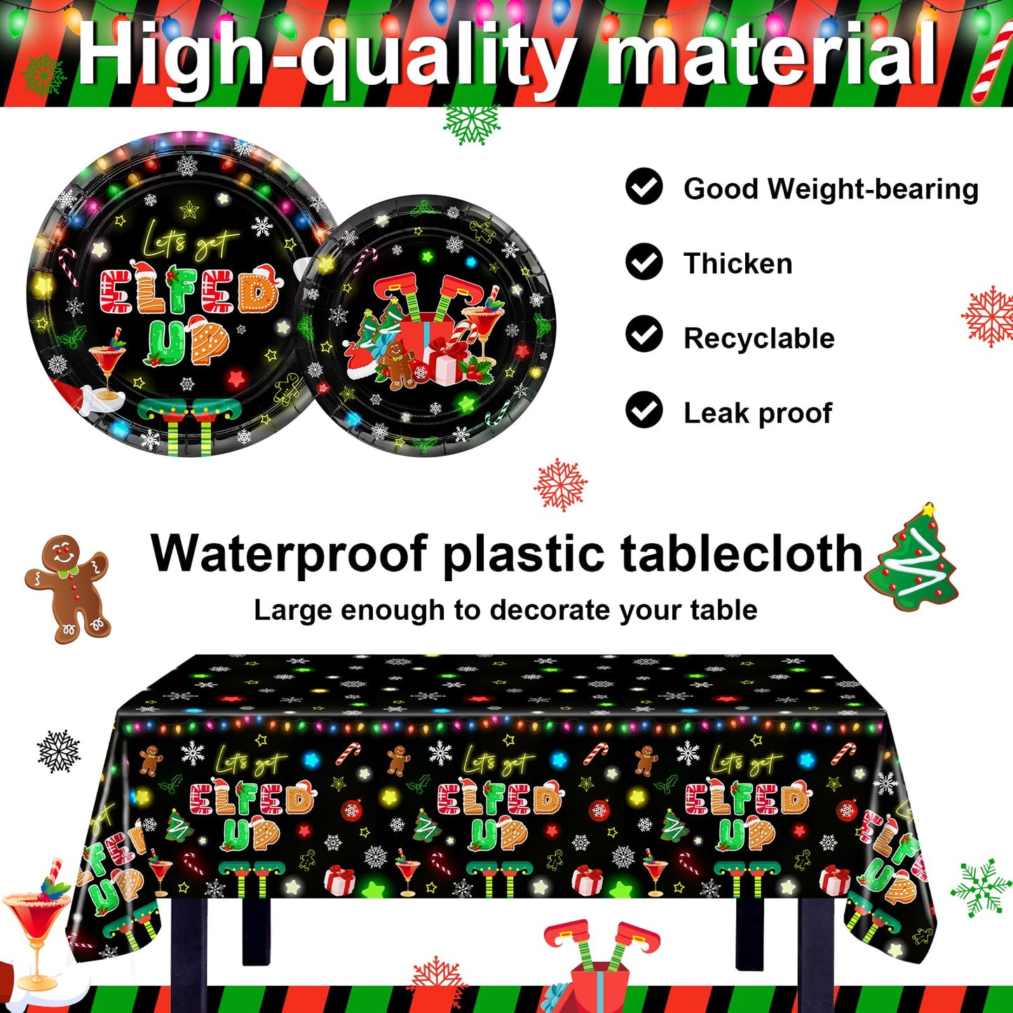 Lecheme Christmas Party Decorations 300 PCS Let's Get Elfed Up Backdrop Tableware Plates Napkins Serve 24 Friendsmas Balloon Arch Elf Christmas Party Supplies