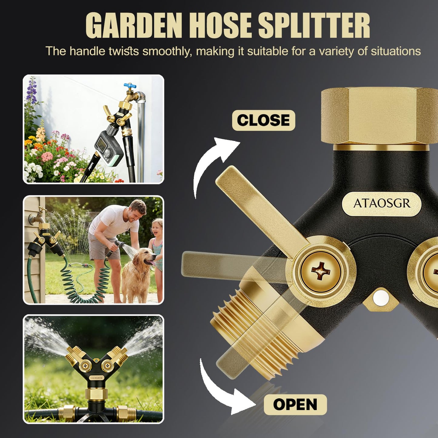 Hose Splitter 2 Way Heavy Duty, Metal Body Full Flow Garden Hose Splitter with Shut-Off Valve,3/4'' GHT Connector Water Hose Bib Y Spigot Splitter, For Outdoor Spigot Faucet and horticultural use.