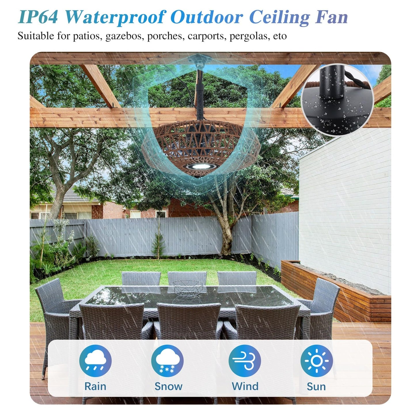 She's home 20'' Outdoor Gazebo Fan with Lights and Remote, Outside/Indoor Hanging Rattan Ceiling Fan, 3CCT Dimmable, 6-Speed DC Motor, Plug-in Wicker Woven Caged Ceiling Fans for Patio Porch Pergola