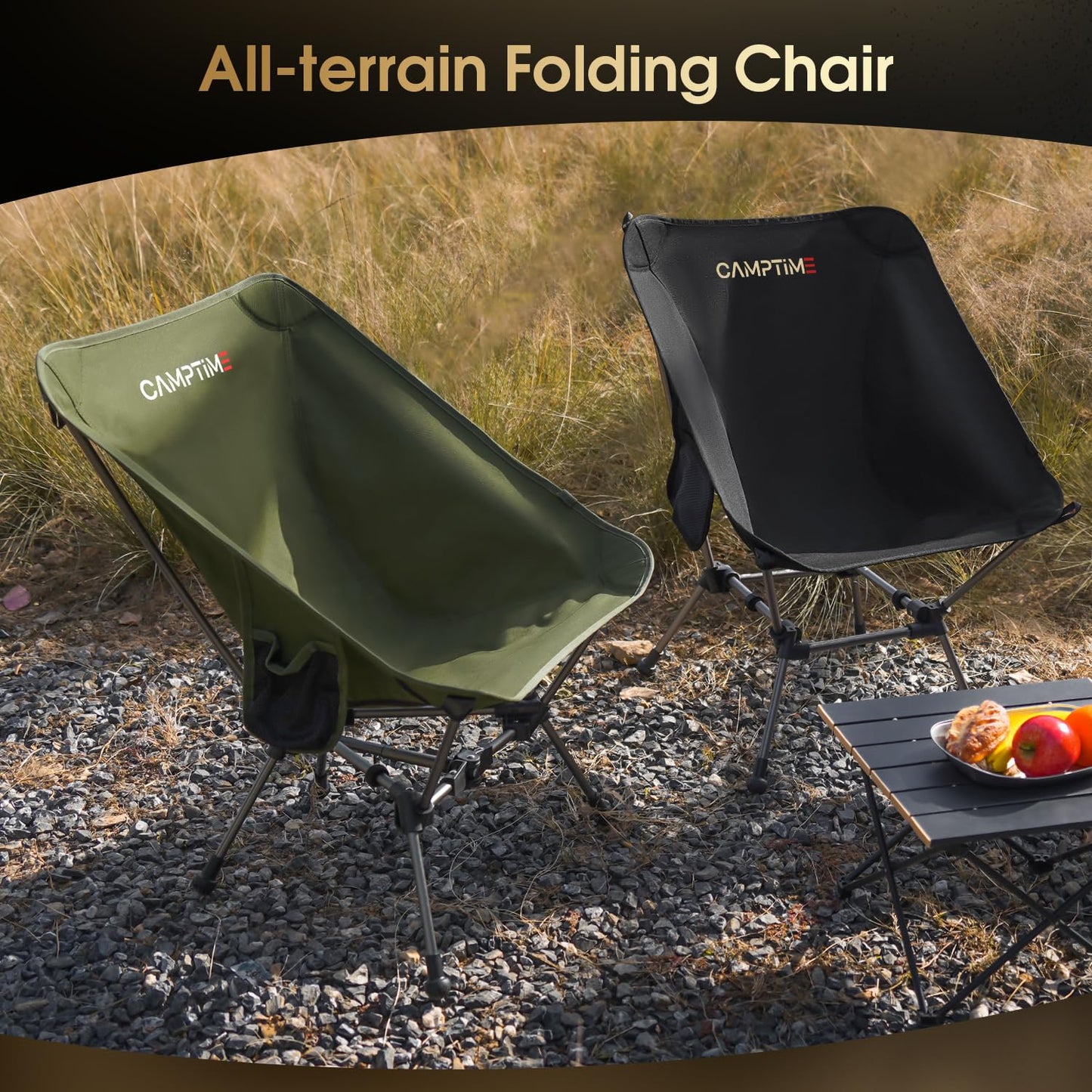 Camptime Portable Camping Chair Plus, Larger & Roomier, Compact and Lightweight, Folding Chair for Backpacking & Hiking, 330Lbs Capacity, Black