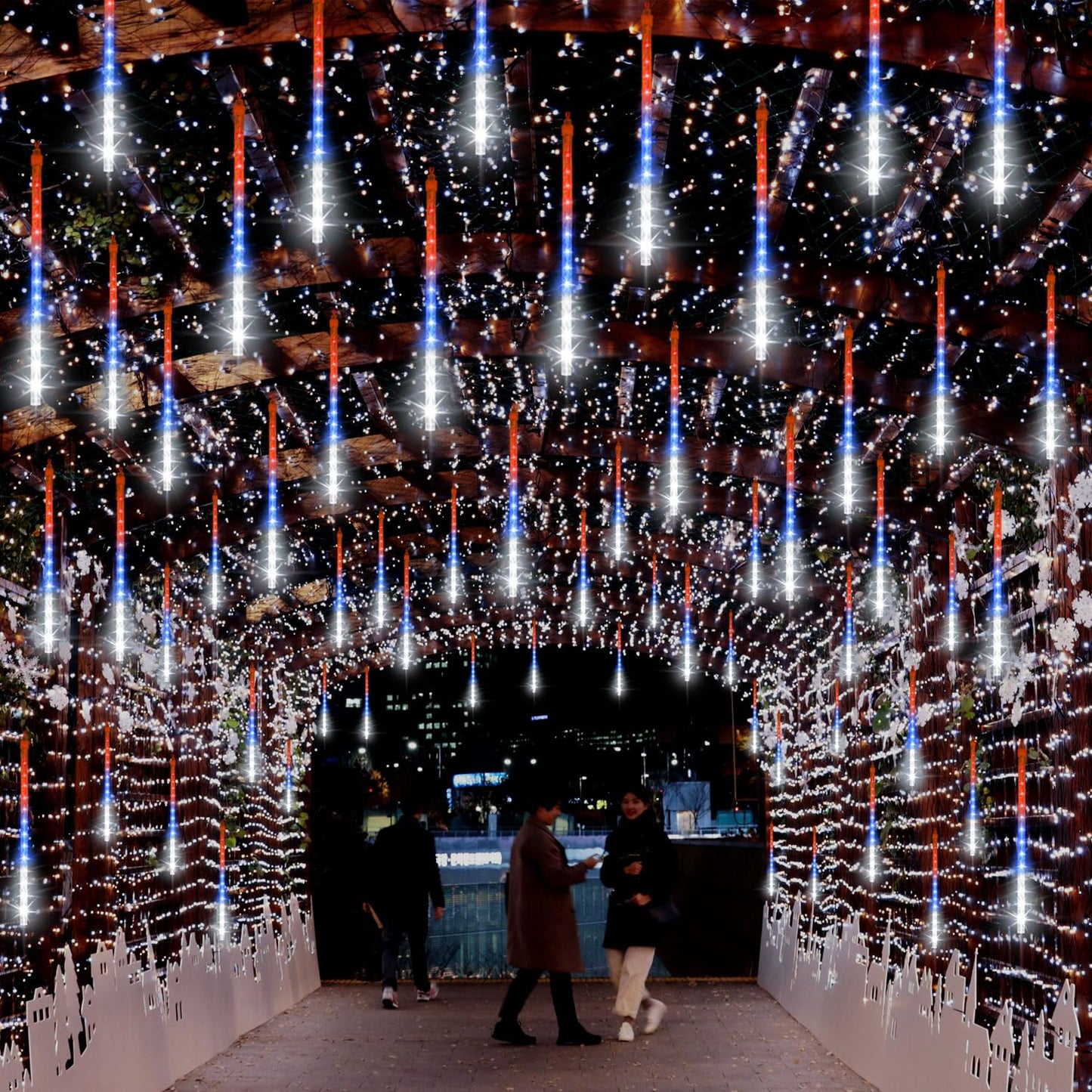 LAMPHOME 12in Red White Blue Patriotic Icicle Lights, 4th of July Outdoor Lights Meteor Shower Snow Falling Lights 10 Tubes 240 LED Waterproof Plug in, Fourth of July Outdoor Decor for Yard Tree House