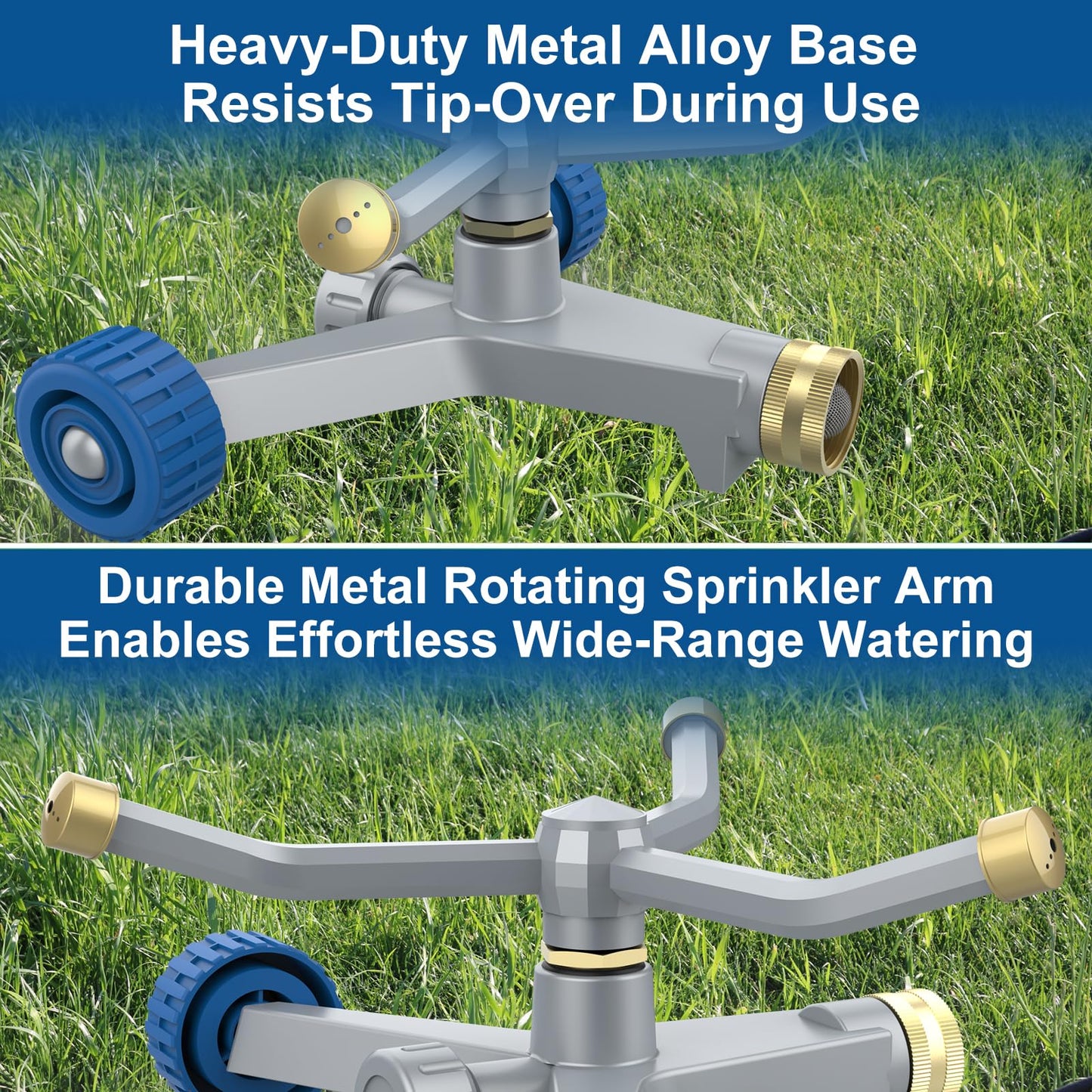 Hydrowe Sprinklers for Yard, 3-Arm Metal Sprinkler with Wheel Base, 360-degree Automatic Rotary Lawn Sprinkler System for Garden Yard