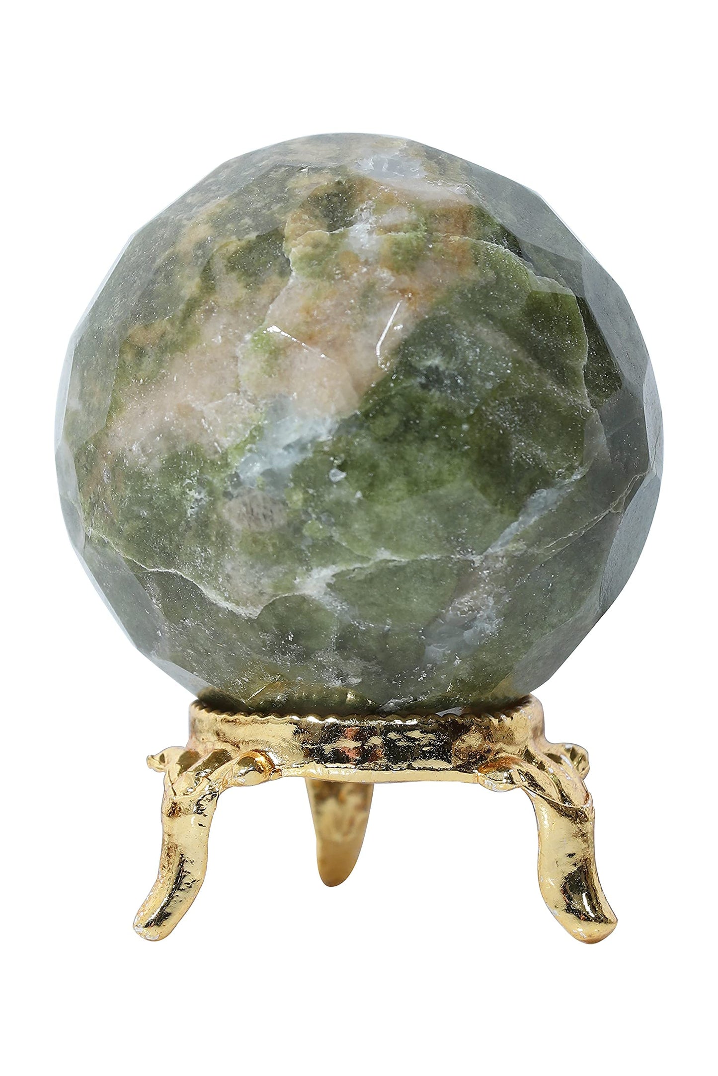Crocon 50mm Vesuvianite diamond cut Stone sphere Ball with Metal Stand 1400+ Carats Gemstone Ball Healing ornament rock Sphere Sculpture Figurine for Fengshui Divination Crystal Home Decor Photography